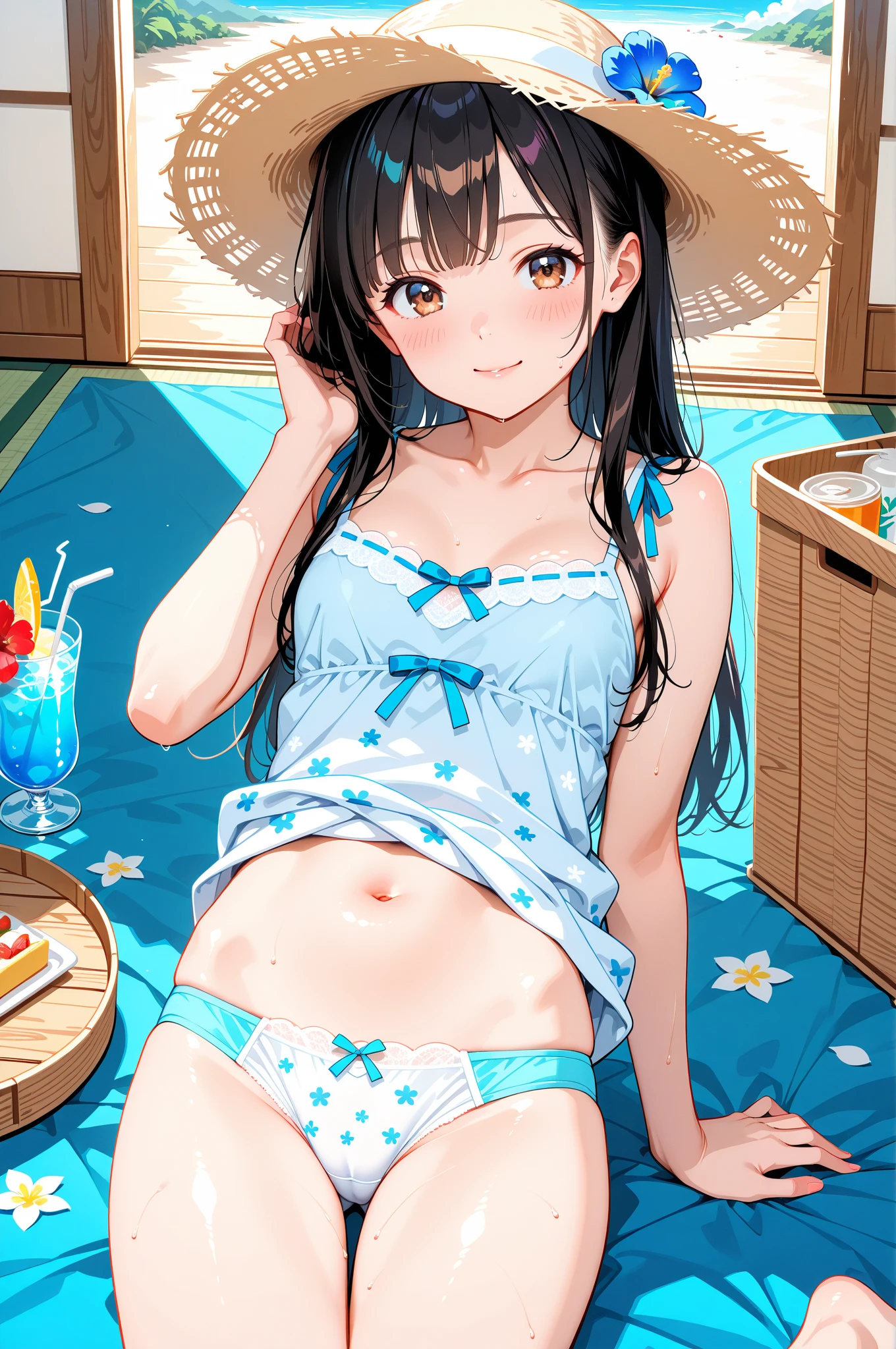 Affordable design, Clear lines, High Sharpness, (Highest quality,4K,Perfect sharpness,Ultra fine,High resolution,masterpiece:1.2), Perfect Anatomy:1.5, Official Art, Illustrations that tell a story, (Whitish background:0. 9)、Body Positivity、多Mr.な身体表現、(Random and fun poses)、Perfect beauty、Perfect beautiful face、(Strong winds)、A rich expression、Dynamic composition、smile、Golden ratio composition、colorful、(((Mr.々Different angles and perspectives)))、Anime Art、(Overcoming stereotypes)、 Glowing Skin、(Natural beauty)、bangs、Straight Hair、(Soft and flowing hair)、(countryside)、(Nostalgic atmosphere)、(Insert up to the thighs)、(Playful and carefree)、(多Mr.なキャラクター)、(Graceful posture)、(Sunny atmosphere)、(Bright colors)、((Pure white lingerie))、Show off your thighs、Show off the backs of your thighs、Lie face up on the bed、((Micro Bikini))、((Showing off her ass))、Sweaty skin、(( String panties))、Spread your legs、Lie down、Underboob、(Pure white underwear)、