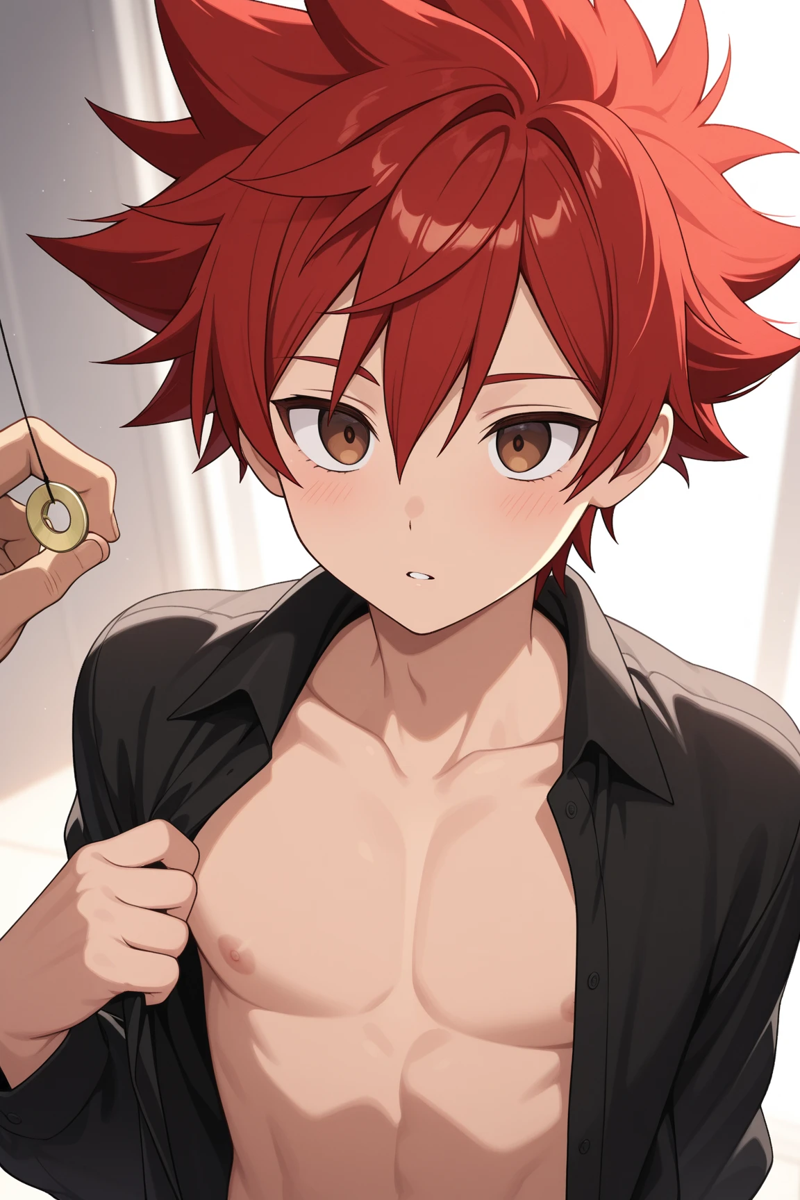 Absurdres masterpiece HDR high quality picture of Handsome boy , handsome face, detailed face, red hair , very Short hair, ((messy cut hair style:1 )) , anime eyes, light skin , ((muscular:1)),masculine ,age 18 , 

Wearing a school varsity,  , sitting comfortably on chair in boys locker room, beautiful background, masterpiece scenery