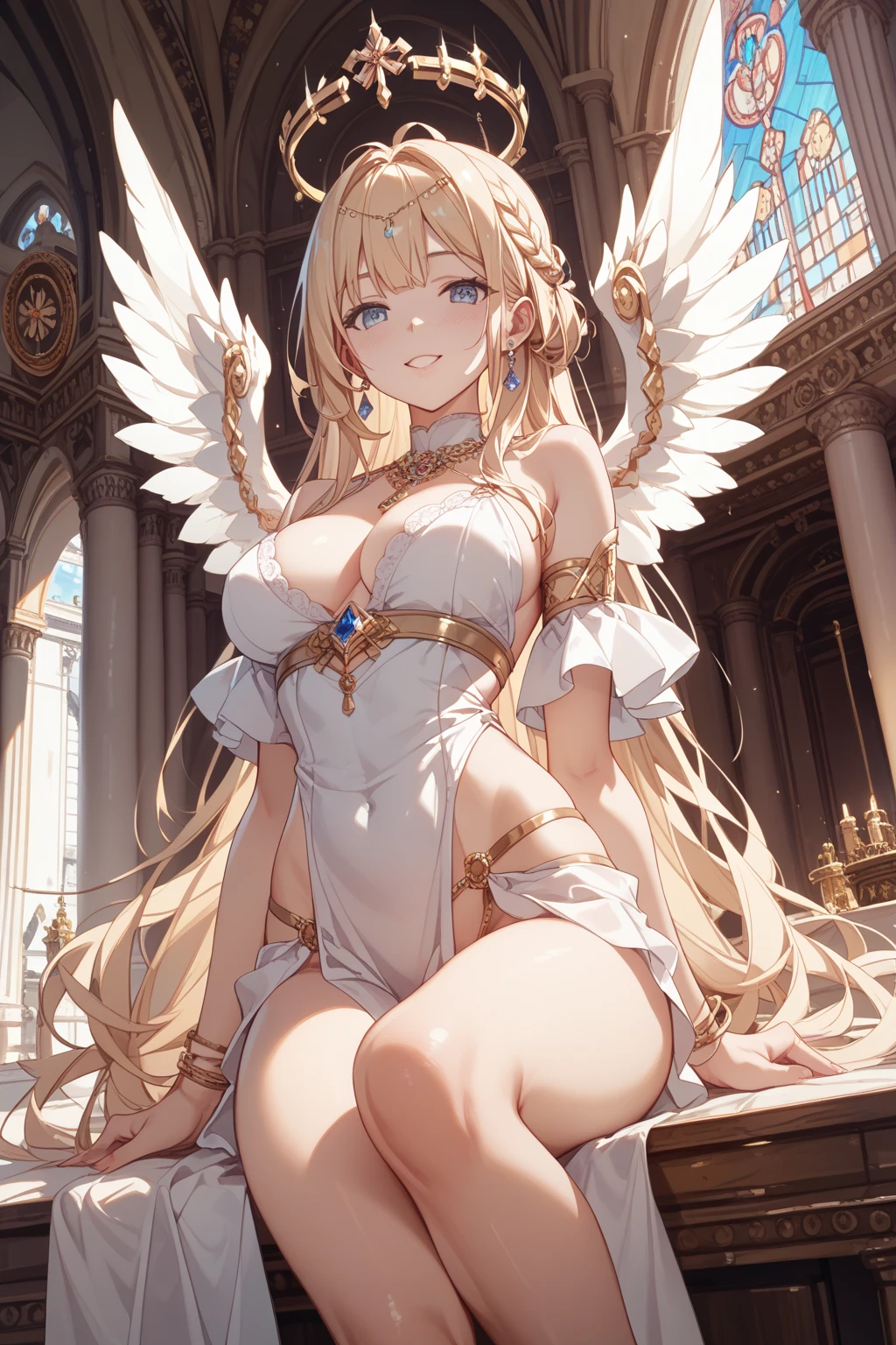 A priestess in a traditional white bikini,Valkyrie,Angel Wings,belly button,Side bust,Complex,Particles of light,Thighs,Shiny skin, 口を開けたsmile、Plump、Perfect lighting, One adult woman, Pelvic curtain looking at the viewer, smile,(masterpiece), (Highest quality), Very large breasts, maternal, Porcelain-like skin, Honey Blonde Hair, Very long straight hair
