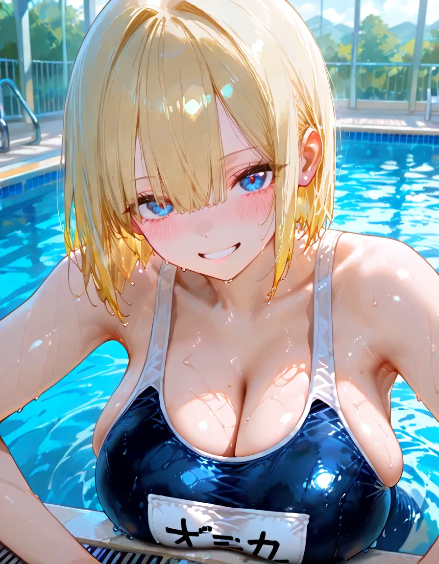 ((Highest quality、、masterpiece:1.3)), Upper Body、Long legs、Sharp focus:1.2, Beautiful woman with perfect figure:1.4、((Big Breasts:1.2)), (Smiling:1.2), Face and skin texture crafted to the smallest detail、Fine-grained、double eyelid、30-year-old female、sexly、((((Swimwear、Poolside、The pool in question))))、blonde、long hair、Blue Eyes,(((Close your mouth、Standing posture)))、One Woman