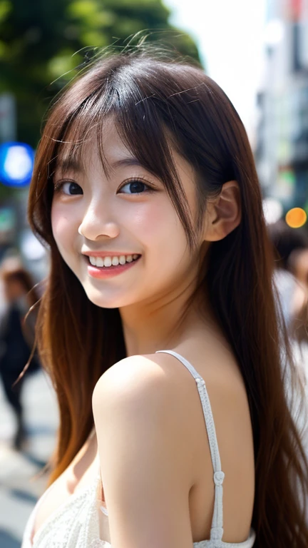 masterpiece,best quality,(Japanese ),((Beautiful girl)),cleavage,(perfect body beauty:1.2),(shy smile),beautiful teeth,(Blurred background of brick buildings),
