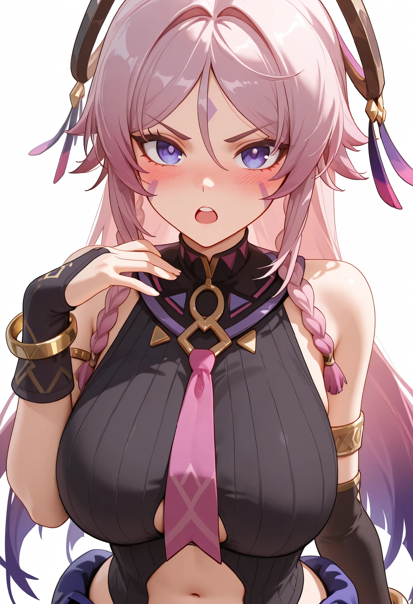 masterpiece, best quality, amazing quality, aesthetic, absurdres,<lora:Citlali_Genshin_Impact_ilxl_goofy:1> citlali, 1girl,facial mark, hair intakes, white background, upper body, large breasts, black shirt, bracelet, open mouth, upper teeth only, detached sleeves, jewelry, simple background, parted bangs, bare shoulders, twin braids, looking at viewer, hand up, sleeveless, ribbed shirt, pink necktie, gradient hair, armlet, black sleeves, blush, clothing cutout, single detached sleeve, bridal gauntlets, navel, :o, hair between eyes, pink ascot, v-shaped eyebrows, stomach cutout, bangle, victory pose,