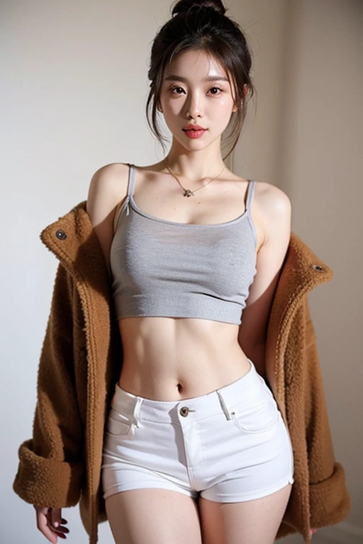 ((Highest quality, 8k)), ((masterpiece)), (Highest Resolution), Perfect Face, Girl with a tail, high school girl, Beautiful woman, public, Has one tail, She has thick thighs, a large tail, She has a red panda's tail, She wags her tail, smile, fur collar, She wears a short skirt, Big Hips , Big Breasts, The skirt is rolled up with a big tail