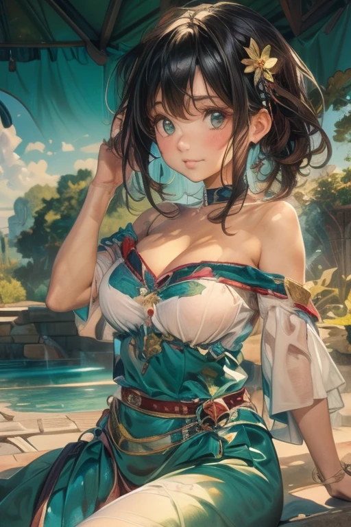 HDR , ultra details , cyan hair , short hair , standing , smile , garden ,cyan flower , sexy pose , sun , sunlight , floating skirt , off shoulder top , medium breast , soft light
