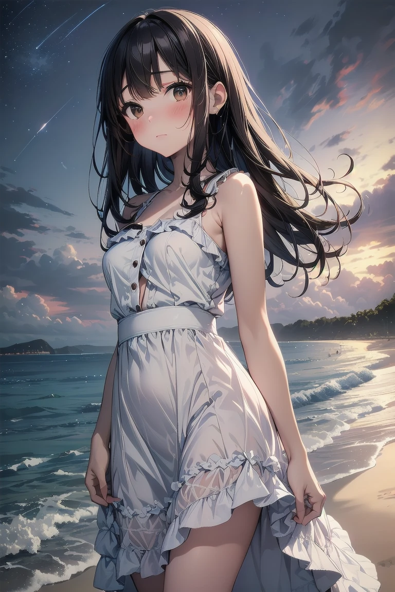 masterpiece,best quality,1girl,tohsaka_rin_alt,sundress,twintails,smile,looking back,walking,beach,sunlight,from behind,<lora:tohsaka_rin_altV2:0.6>,