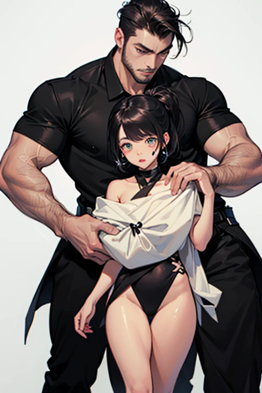 1 man 1 girl Manga comic sensual brunette girl Straight loose hair, blue eyes wet white t-shirt, black tabled skirt In a sensual pose, she teach self defense knee with a woden dummy (bigboob big ass) (wet t-shirt) (highly detailed) (concept art) (manga) (anime) (draw) (face anime detailed) (comics)