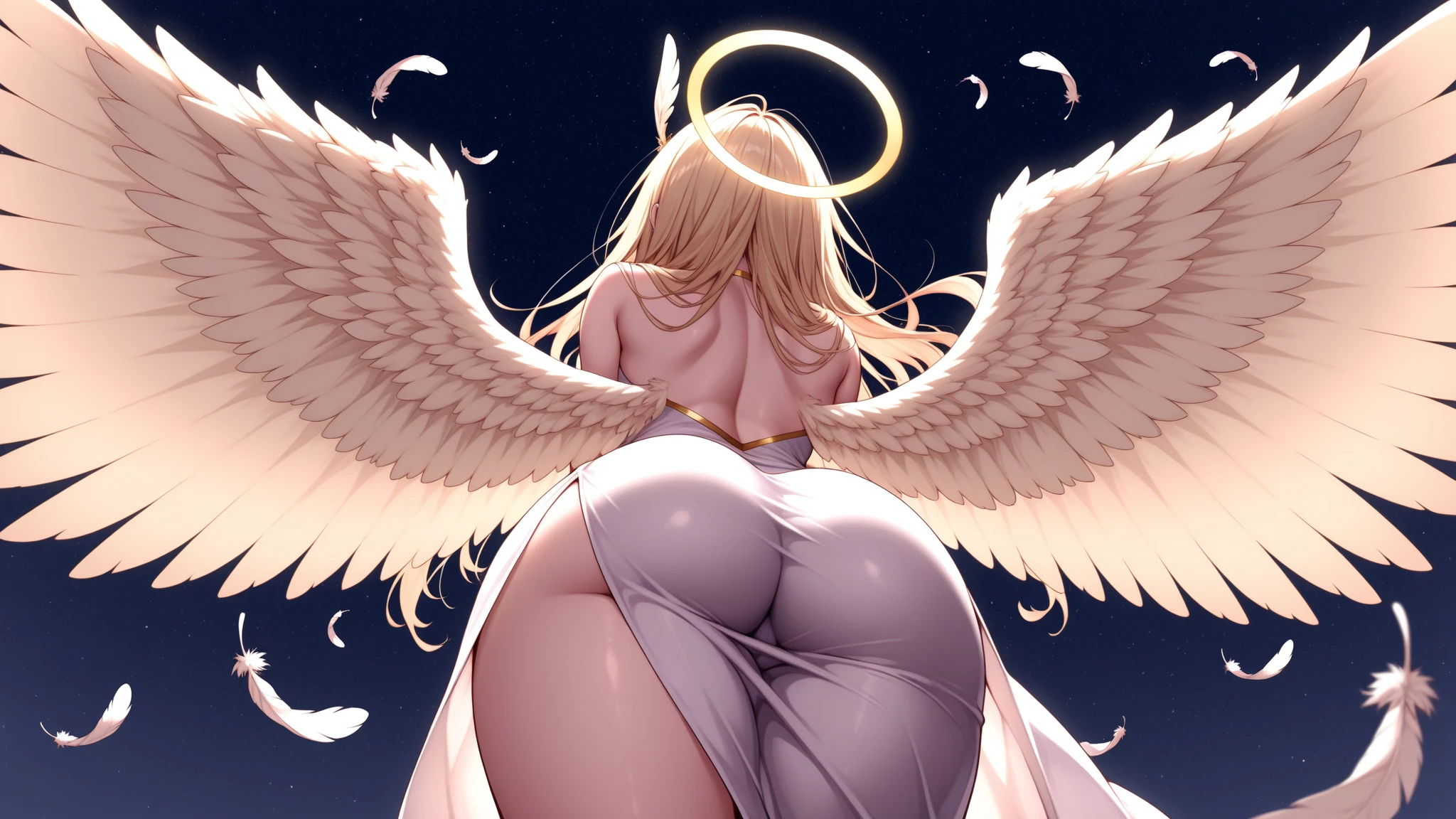 (topless:1.1) (nude:1.1) (from behind) grand radiant beautiful shot of angel with amazing large white wings spread wide, beautiful starry night sky background with cosmic radiation, (neck and arms and ankles chained with golden chains), topless, nude, (golden halo), night, (good mood lighting), perfect anatomy, large breasts, large butt, thin waist, long light brown hair, (seductive look:1.4), playful smile, (detailed face:1.3), golden eyes
