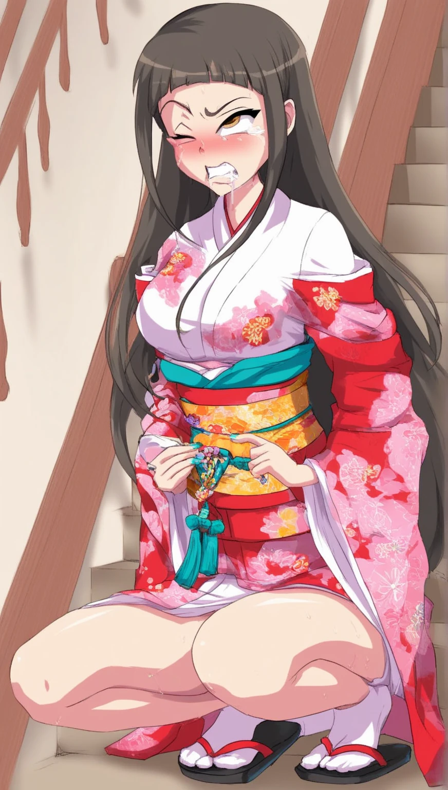 ((Highest quality)), ((masterpiece)), (detailed), （Perfect Face）、（The woman is a 12-year-old princess from the Sengoku period in Japan., Long black hair and a beautiful face　Located in a luxurious samurai residence.、The woman is wearing a Japanese white kimono with a richly embroidered red shiny robe over it.　The red robe worn by Japanese princesses　Her hair is styled in a straight hime cut.　It is decorated with gorgeous ornaments from the Edo period.,   She is forced to have sex with a dirty old man, who thrusts his penis into her pussy and fucks her in the missionary position, making her cry.