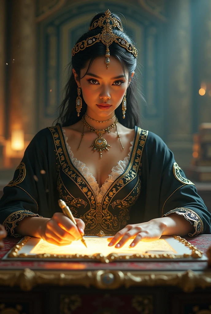 A voluptuous tanned brunette elf woman, wearing a luxurious black dress with jade details, long hair that reaches the floor and very long elf ears, from his eyes burst forth incandescent flames, gold-plated body painting that covers your back and arms, your nails are gold colored, is writing a letter in his office. Image Image 1920x1080. high quality art