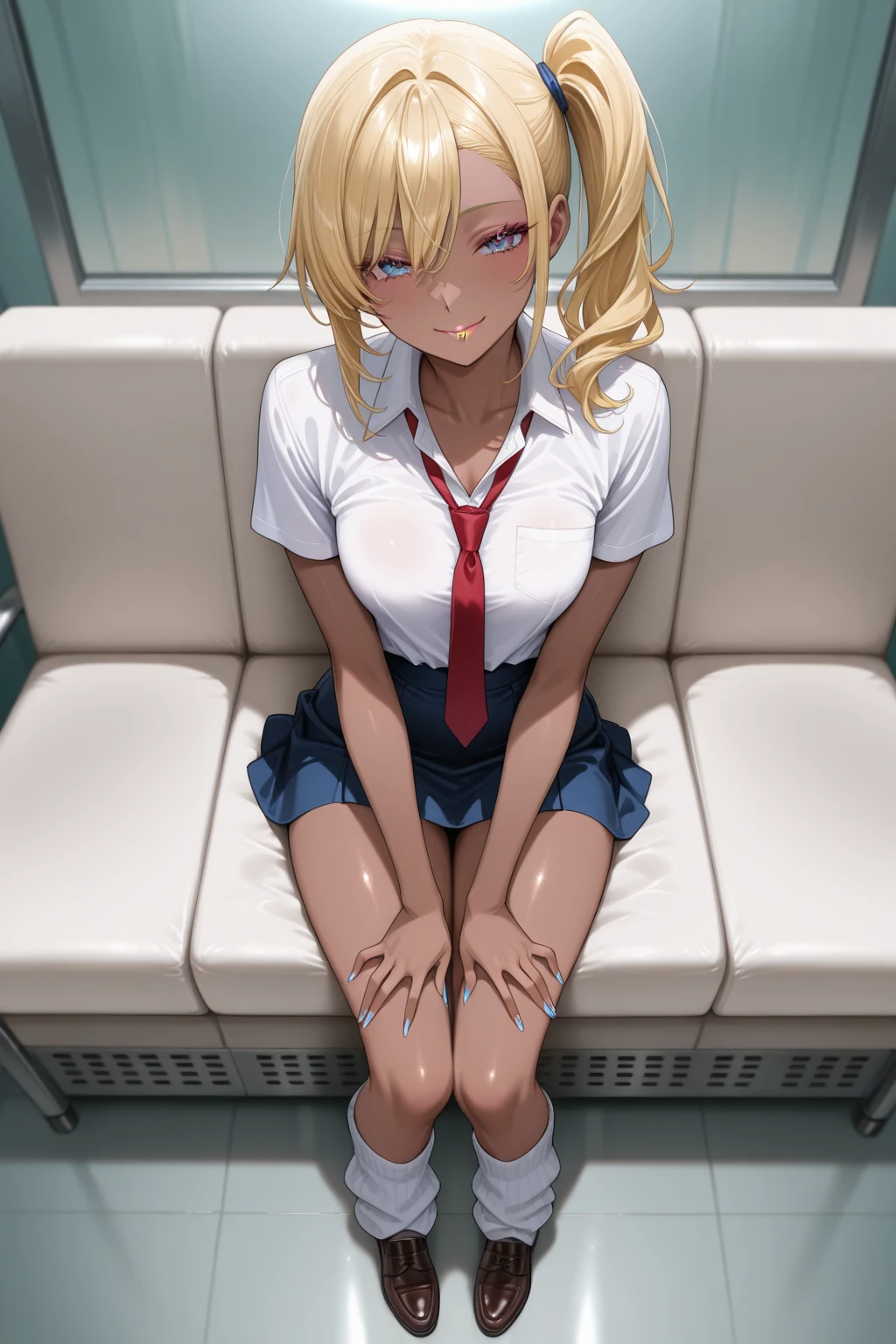 best quality,ultra-detailed,high resolution,extremely detailed CG,perfect anatomy,detailed,cinematic lighting,beautiful detailed eyes,ultra high res,cowboy shot,NSFW,1girl,15years old,gleaming skin,oil skin,gold hair,small breasts,sweat,humid,trembling,strong light coming in,spot lighting,bright,,strong facial expression,(sharp eye:1.2),(scowl:1.1),(stare at viewer with stern eyes:1.5),on the train, train interior, front view of front seat,(looking away:1.4) ,(staring at smartphone:1.7),(sitting:1.3),(skirt:1.3), show off panties, white panties, (cameltoe:1.2), cowboy shot,silver hair,(seductive smile:1.8),(sweat:1.2),(open mouth:1.3),sailor suit