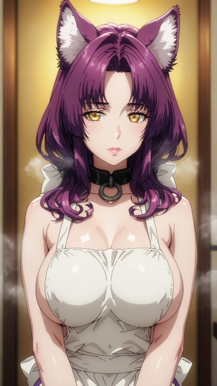 perfect eyes:1.2, detailed eyes:1.4, hall, smile, chandelier, medium hair, sitting, sitting on armchair, Kurayoshi_R, cleavage, large breasts, white dress, pelvic curtain, long dress, medium full shot, thigh-level shot, 1girl,(masterpiece:1.6, best quality),