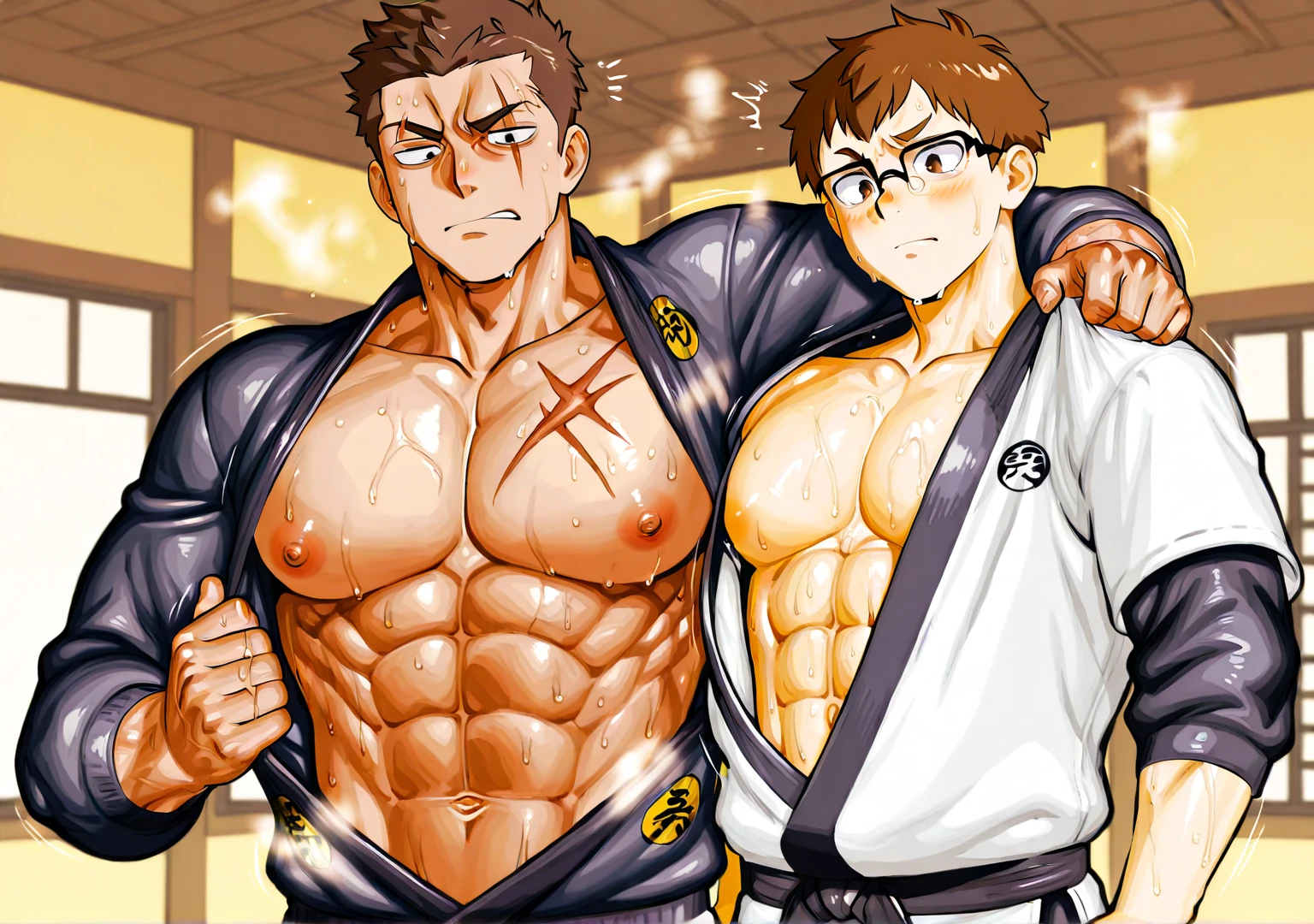 Ash Ketchum and from Pokémon and his long-lost twin brother flexing their biceps under hypnosis with glowing red eyes as they grow into big dumb sweaty hairy muscular football jock bros in a locker room. Hyper muscles. Massive muscles. Big biceps. Big triceps. Big traps. Broad shoulders. Big pecs. Bulging crotch. Hyper crotch bulge. Dumber and dumber. Blank stare with open mouth while saying, "I am a dumb jock.... I obey.... Dumber and dumber.... Hairier and hairier.... Yes, Coach.... Huhuhuhuh...." Slumped shoulders. Hypnosis. Brainwashing. Bigger and dumber jock bros. Assimilation. Transformation into big dumb muscular jock bros. Slumped shoulders. Massive crotch bulge. Bulging glutes. Thick stubble. Hairy armpits. Repeating triggers to be dumber and dumber each time they say them to think and focus only on growing muscle and being the perfect football jocks. Hairy brutes. Crass.