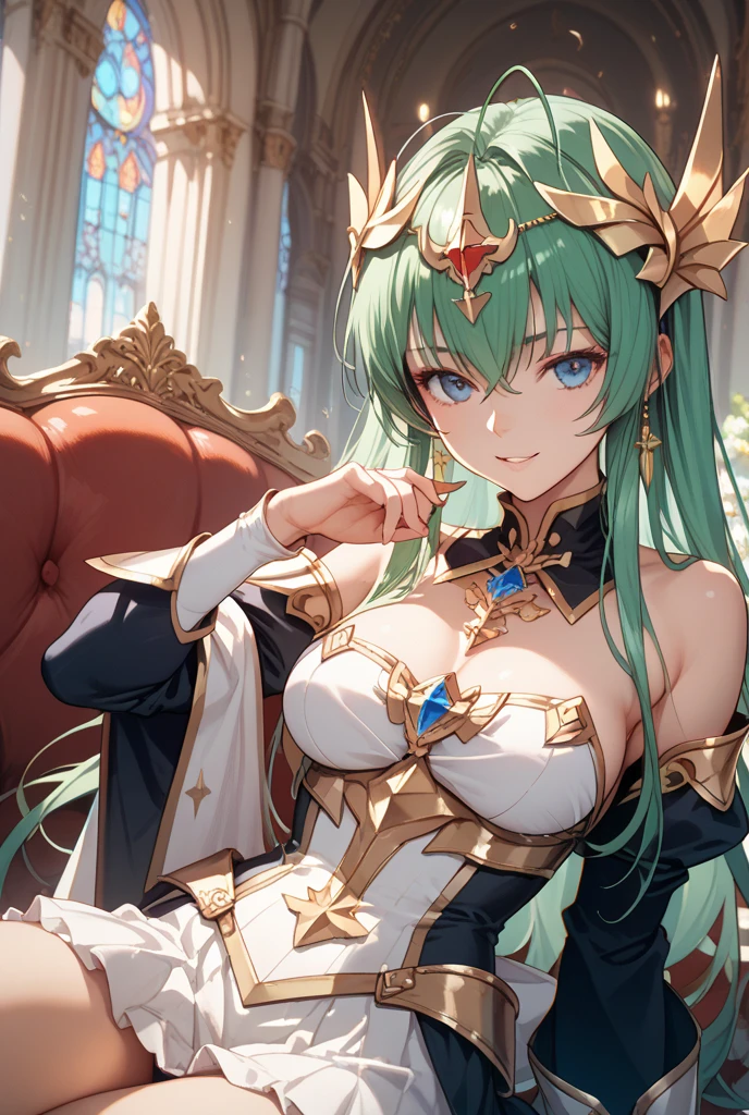 a cartoon drawing of a woman with long hair and a horned headdress, concept art inspired by Lü Ji, pixiv, hurufiyya, shirabii, palutena, the greek goddess aphrotite, long haired humanoid fursona, portrait knights of zodiac girl, anime girl with teal hair, the goddess artemis smirking