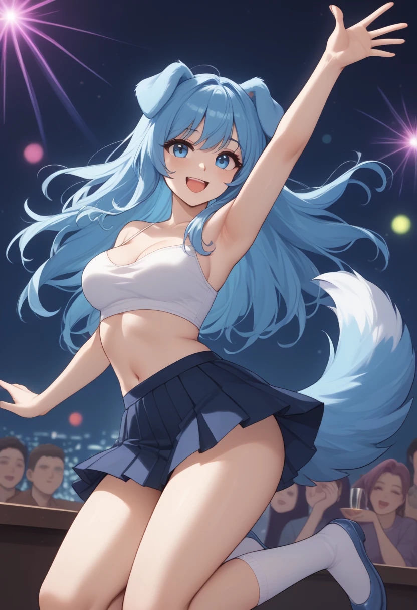 (Masterpiece) (High Detail) (High Res) A humanoid girl with pale skin and blue eyes and long blue hair and blue dog ears and a big fluffy dog tail and a large human cock. She is standing on stage in the middle of a sunny town during Carnival and is wearing a rainbow sequin bikini with a large rainbow feather headdress and rainbow flags all around. Rainbow confetti rainbow feather headdress and rainbow feather plumage. She looks happy. Her thick pale cock is poking out of her bikini bottoms. Erection.
