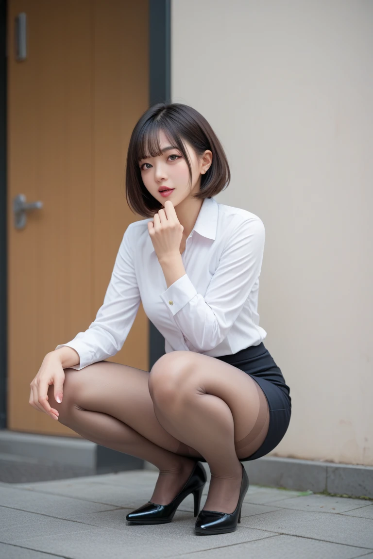 (((masterpiece))), (((highest quality: 1.4))), ((Super Detail: 1.4)) , A woman squatting in a white shirt and black skirt, ulzzang-6500-v1.1, (Raw photo:1.2), (Photorealistic), (See-through:1.3), (masterpiece), (Genuine:1.4), Realistic skin texture、Shiny skin、38 years old, 3 6 years old, 28 years old, 29-year-old, 8k)), 32 years old, Ultra-realistic pantyhose、High heels、