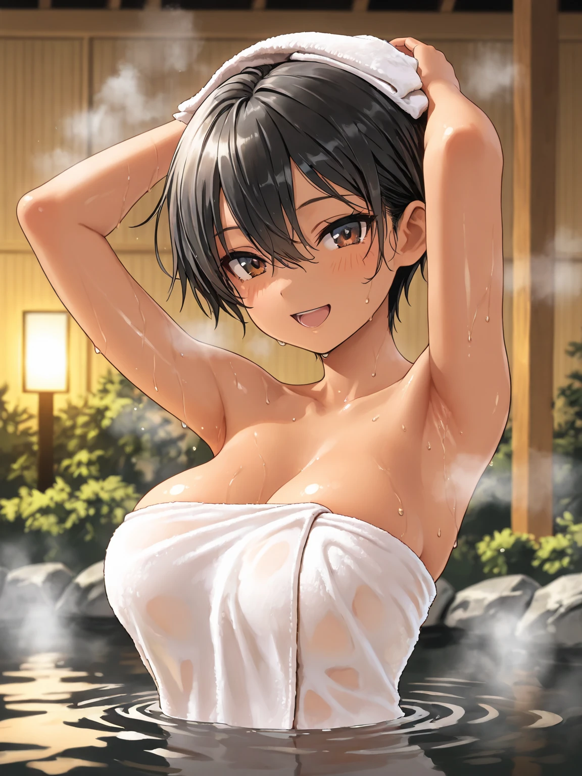 Two high school girls、Photorealisticistic beautiful female student、18-year-old、Stunningly beautiful、smile、Beautiful body、(Highest quality、8k、32K、masterpiece、Hmph:1.3)、Ultra-high resolution,(Photorealistic:1.4),RAW Photos, Detailed face,,Beautiful Hair,, ,Very short hair 、Very short hair、Stunningly beautiful二重まぶた、Beautiful nipples、 Natural Makeup,, Small and perfect breasts, Wet Hair、Detailed Background, Perfect lighting, Written boundary depth, Beautiful shadow gradation、Thin limbs、Thin thighs、(whole body)、Deep mountain hot springs、Beautiful sky、Beautiful slim perfect body、Beautiful high nose、Side view、Medium chest、Drenched in sweat、Nude with towel、(Yoshizuki Iori)、