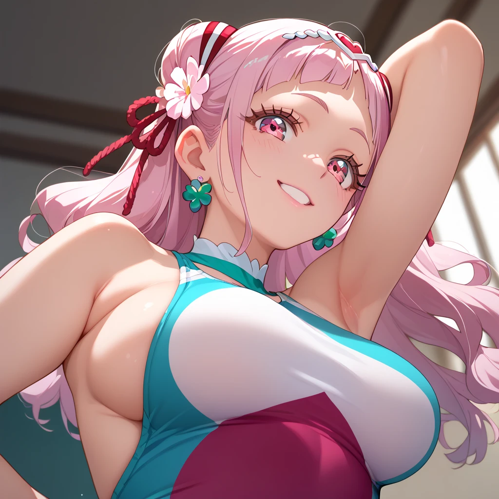 (( 1girl in)), (NSFW)、blush,Pink hair、Parted bangs、low twintails、Blue eyes、(((PINK Underwear)))、((large full breasts))、big butts、((thick thighs))、Sweat、((:D))、((((Surprised))))、is crying、(Straight hair)、Longhaire、Armpits、((spreading legs))、on a stage