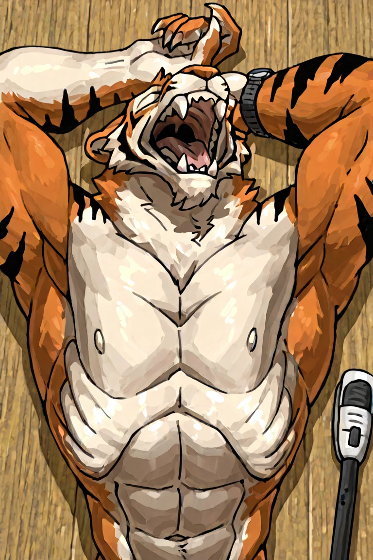 Solo, Sweating, hard breathing, gym, huge muscular, huge pectoral, pectoral, furry tiger, masterpiece, hi res, hight detail, detailed, 8k, shirtless, hyper muscle, huge body, detailed face, hands up, huge chest, good lighting, really huge muscle size, moaning face, having an erection, naked, cumming, orgasm, HD, Photography