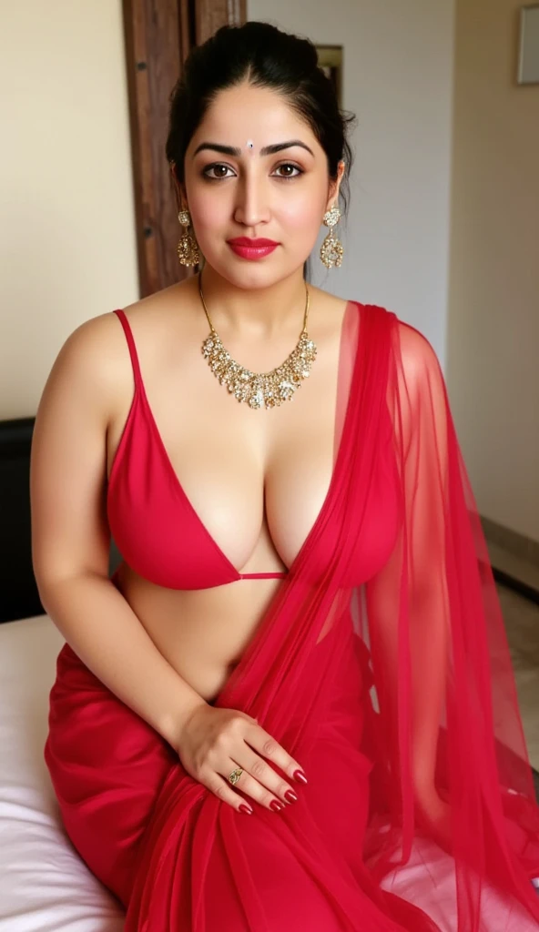 Indian actress roshni walliaa masterpiece, (best quality:1.2), [:intricate details:0.2], wearing nackless earrings , big natural breasts deep cleavage, angel face,thick chubby round face red lipstick , laying on bad, gold rose colour Lacey underwear bar,
