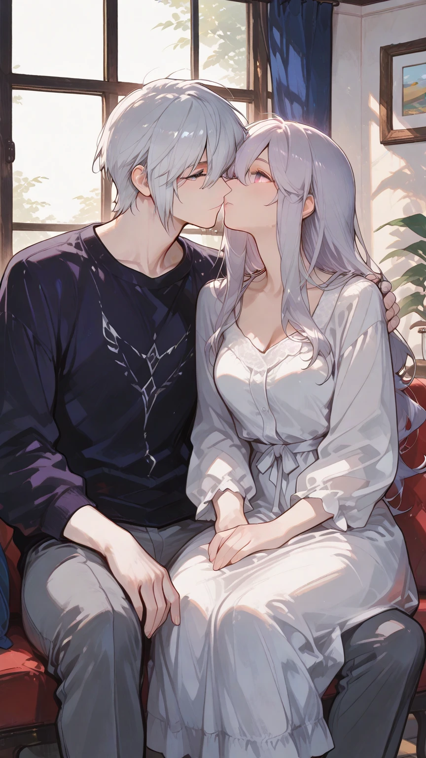 there is a drawing of a man and a woman, kissing on the sofa, cute kissing together, high quality fanart, (SFV) safe to work, very detailed exquisite fanart, 8 k!!, bite her lip, arm around her neck, best rating on pixiv, Lovers, White hair, cat&#39;s ears, hot