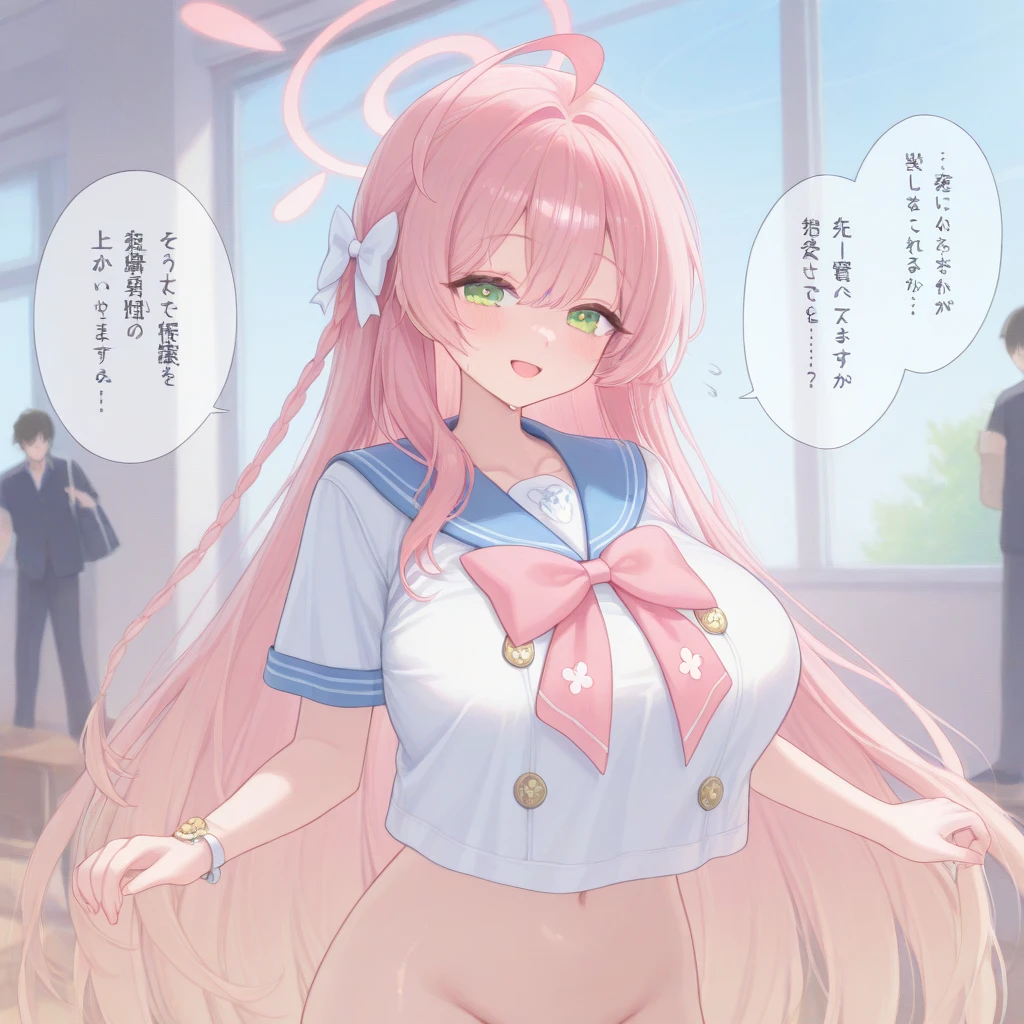 1girl, alone, huge chest, looking at the viewer, smile, blush, Holway, school, window, sunshine, talking sweat drops, playful expression,  people, 
 COMPLETED, COMPLETEDschool, blue Sailor Collar, curtsey, Braid , chest, gradient hair, Green Eye, hair between eyes, hair curtsey, halo, large chest, long hair, multicolored hair, pink hair, pink halo,  no skirt, no panties, Sailor Collar, school uniform, Serafuku, short sleeve, side Braid , single Braid , very long hair, white curtsey, white shirt, no skirt, Midriff,