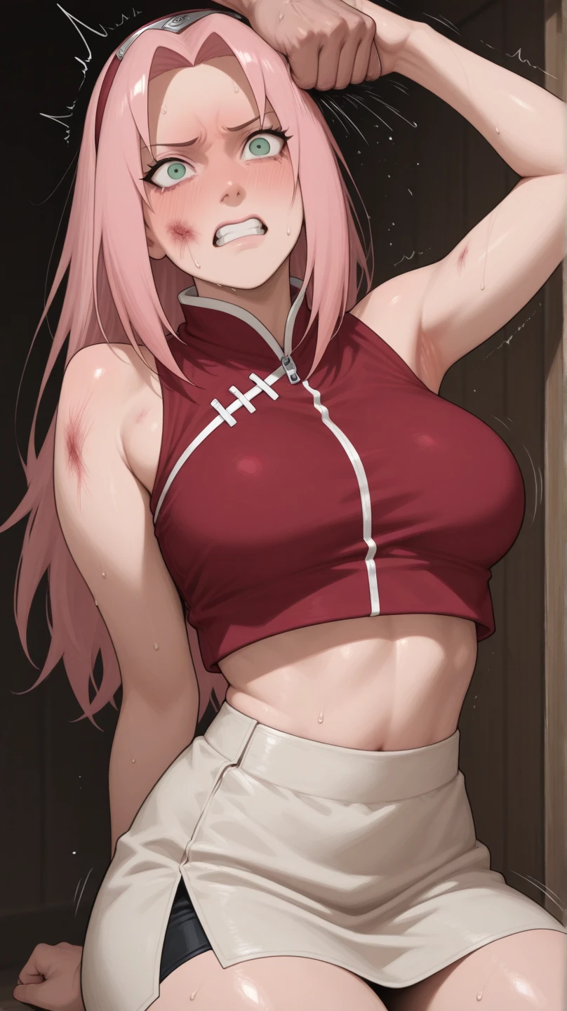photo of makima \(chainsaw man\) with red hair and yellow eyes and large breasts and a huge ass and wearing gym clothes doing sumo squats with huge weights indoors with soft lighting, (muscular with abs), (light skin), (sweating) ,(beautiful scenery),(perfect face), masterpiece, blush, 1girl, solo, from front, (disgruntled expression:1.2), smooth anime cg art