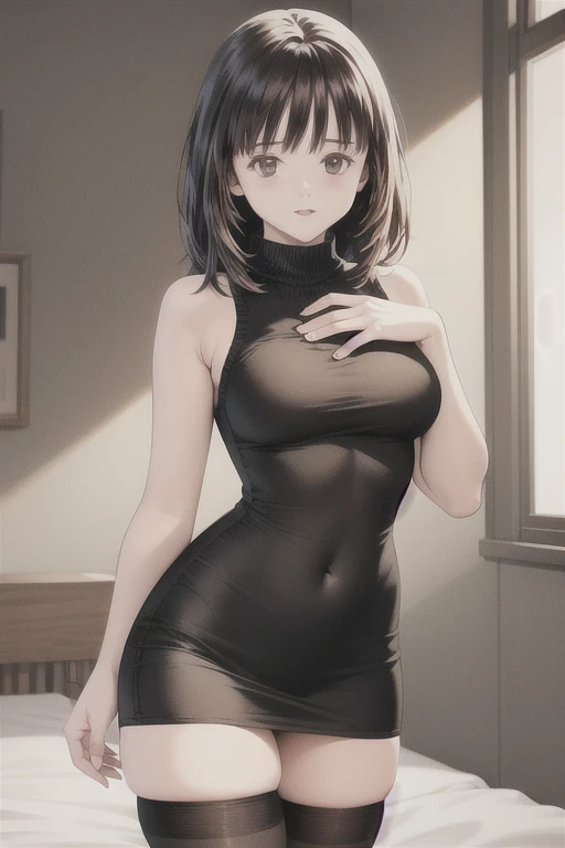 masterpiece, best quality, highly detailed, ultra high res, aichan, large breasts, 1girl, solo, blue eyes, short brown hair, side braid, glossy lips, looking back at viewer, bakless minidress, pantyshot