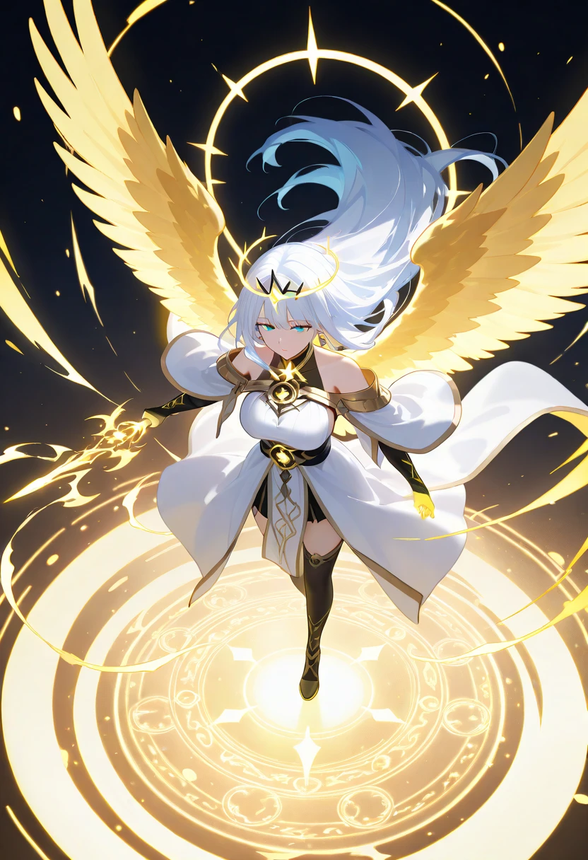 The princess wears a white battle suit with gold details, Designed to be sleek and lightweight. His sleeveless armor combines agility and protection, with gold plates embedded in the fabric and gloves with gold filigree. He carries a simple but sharp sword with a white and gold hilt.. Her hair is long and white, and his eyes are deep red with an inner glow. She complements her outfit with white high boots with gold reinforcements.. Her figure is slender and her movements are precise., with golden details on the armor evoking leaves or wings.