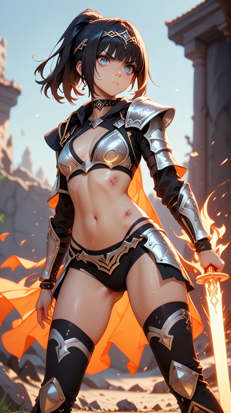 Guerreira, fantasia, armadura de placas, steel breastplate, Steel gauntlets, steel gloves, saia curta, saia vermelha, levantando a saia, calcinha branca, calcinha aparecendo, Brown hair, realista, D&D, saia levantada, (cameltoe), upskirt, Steel gauntlets, steel boots, steel breastplate, melhor qualidade, tiro de cowboy, obra-prima, 8k, (exposed navel), Two-Handed Axes