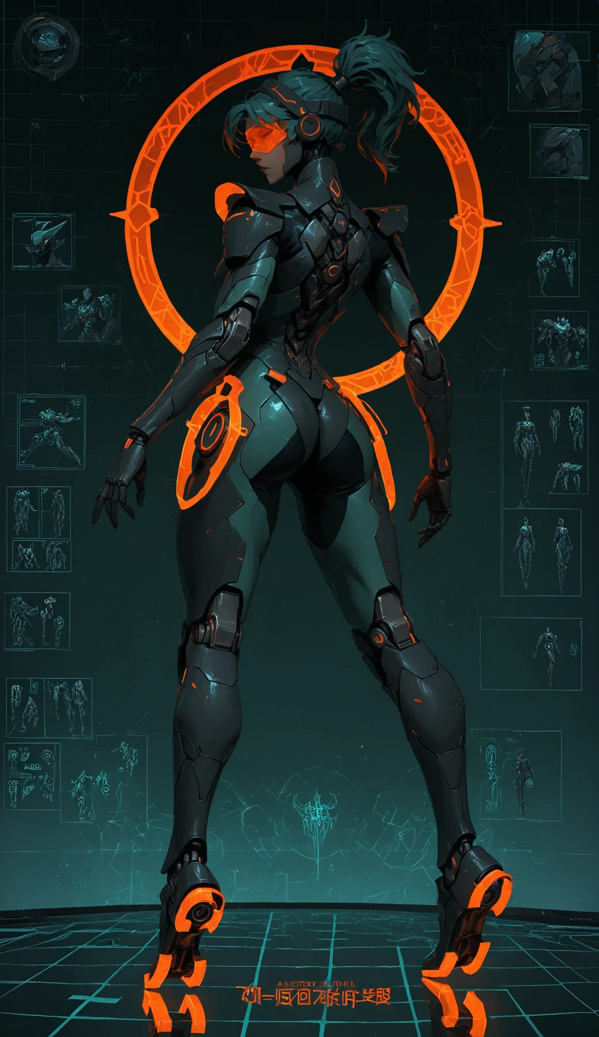 full body concept art, front and back view of a techno-fantasy female fighter class called "Striker", athletic build, elegant yet powerful stance, wearing a custom combat bodysuit with advanced leg enhancements, synthetic muscles visible under semi-translucent flexible armor plates on legs, glowing kinetic coils at the thighs and calves, magnetized soles, lightweight reinforced joints, sharp aerodynamic shapes, suit coloration in a striking combination of dark matte teal, electric orange accents, and steel gray, techno runes glowing subtly along the limbs, angular shoulder pads, high-tech visor or headband, futuristic martial artist aesthetic, stylized background grid like a character screen from an RPG, cinematic lighting, ultra-detailed --v 5 --ar 9:16 --style raw