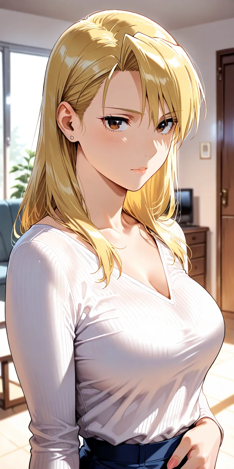 (best quality, highres, photorealistic), portrait, elegant mature woman, blue eyes, long hair, swept-side bang, blonde hair, see through tank top, big breast, ultra detailed cg 8k, beautiful cg, soft light