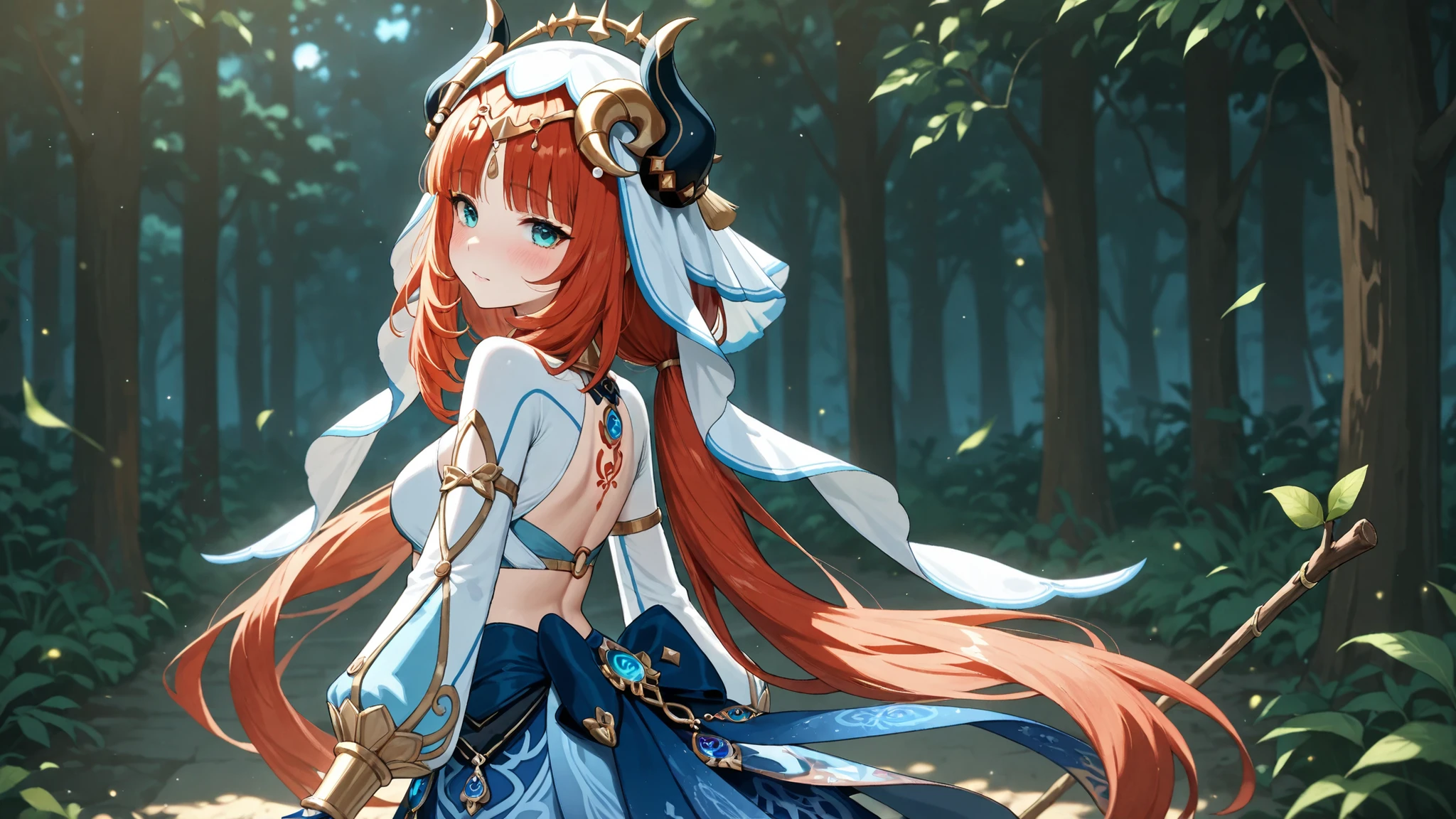 masterpiece,top quality,great quality,night、forest、moonlight、  Nilou (Genshin Impact), 1girl, troubled face、shut up、Blush、embarrassing、aqua eyes, blush, separated sleeve, Turn around and look over here, Veil,  white Veil、dance、Stick out your backwards、sticks out his butt、flip your skirt to show your butt、Cut your panties into your butt、butt close-up