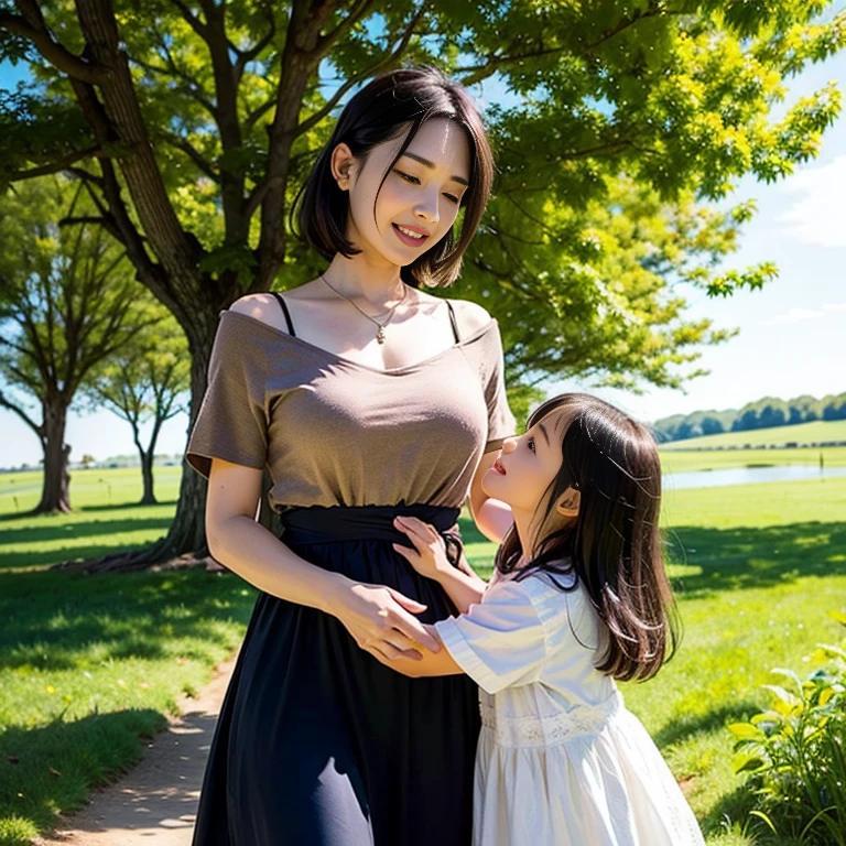 The father lifts the child high, laughing, large area of flowers in the foreground, soft light, comfortable tones, hyper-realistic, 8k