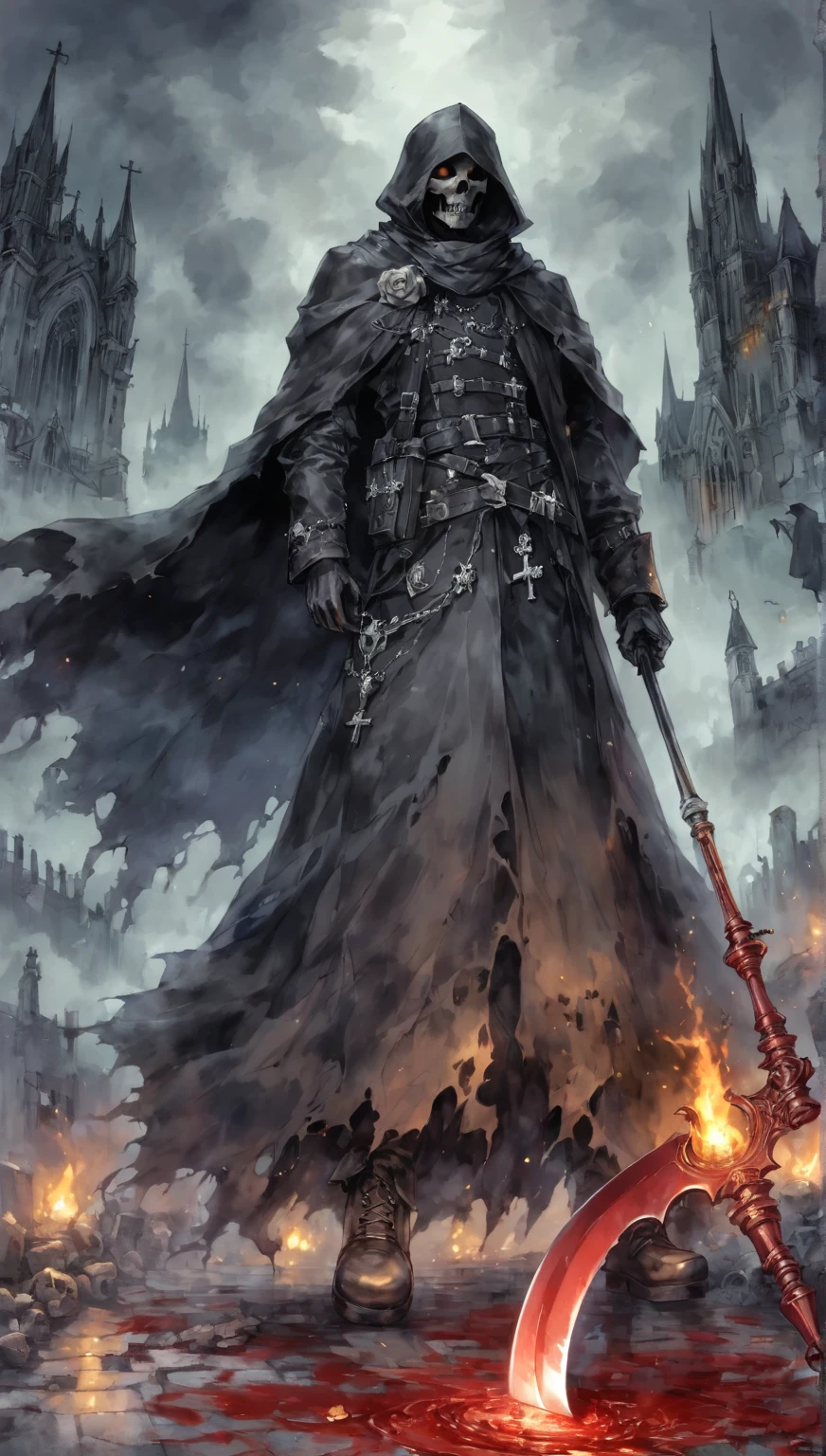 (Messenger from hell:1.4),Grim sniper holding a huge sniper rifle,Viewpoint from below,hell,magma,flame,(紫色flame:1.3),There is fresh Blood on the ground,Blood pool,dripping Blood,Gothic aesthetics,one、Rose、castle、cross、Blood、Cemetery, ETC...,这些元素体现了Gothic style的神秘感、solemn、Deep Functionality。Gothic style,Gothic style,about,cloak、象征浪漫的Rose、grave、Reaper、ruins、Gothic Cathedral, ETC.,Common elements of Gothic symbols。