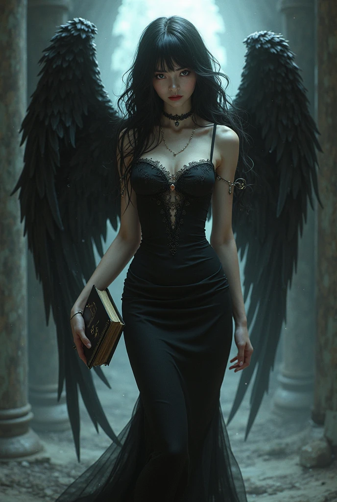 Beautiful woman in veryy long translucent black satin dress andwith angel wings