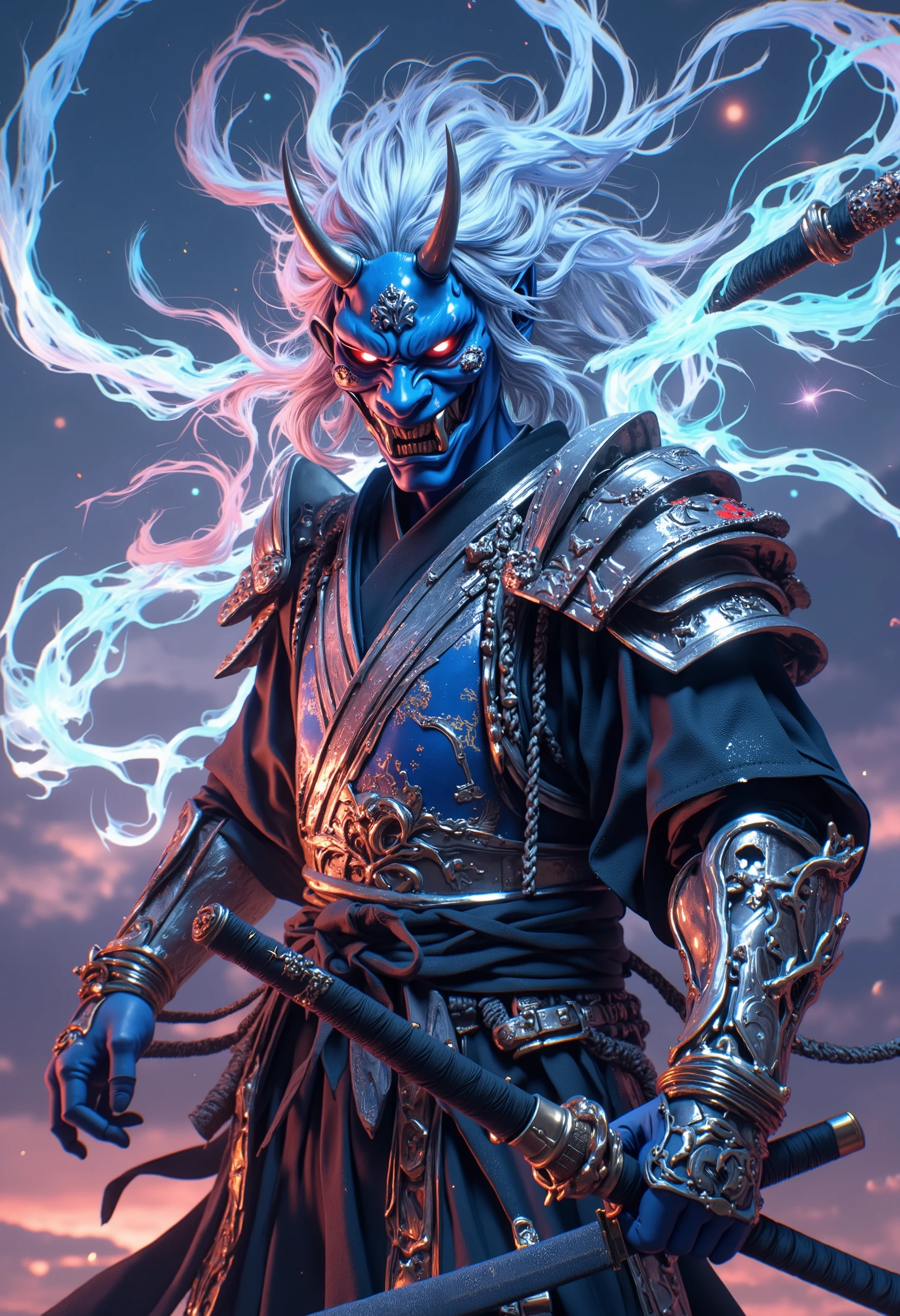(A white Oni with blue smoke, holding up his sword in the air, wearing silver armor and kimono. Detailed illustration with a dynamic background in the style of fantasy art. A digital painting concept design showing a close up shot with ultra high resolution and high detail in sharp focus. An intricate studio photo shoot with highly detailed sharp focus and high quality:1.2), hkwarrior, mythp0rt