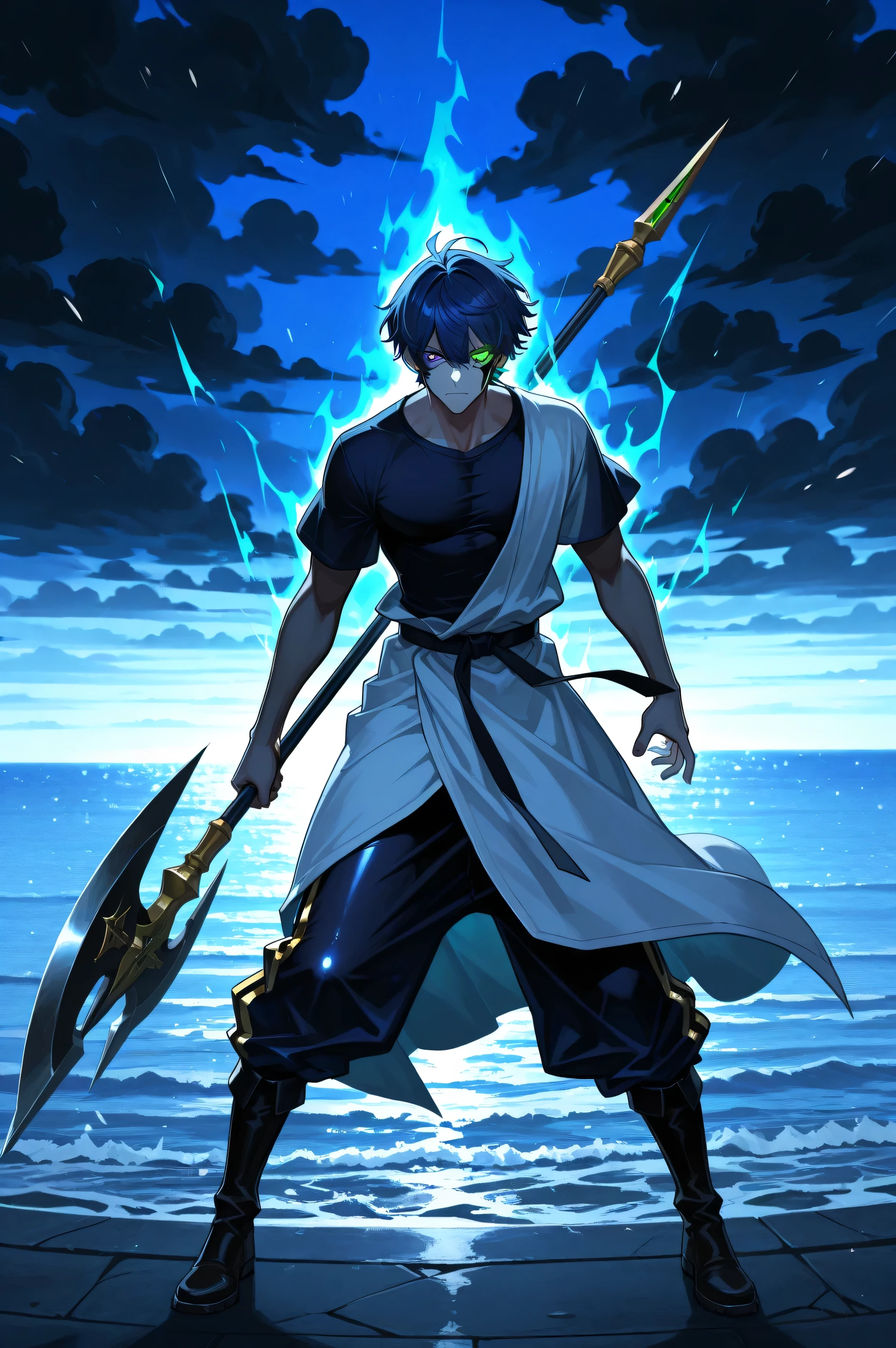 High resolution, 4K, 1 Man, navy blue hair, bristli hair, cold face, male facial features, heterochromatic eyes, one green eye and the other yellow, moderately defined body, spandex dark blue t-shirt, T-shirt with a vertical gold stripe down the center of the torso, white tunic that covers from the waist to the knees, open tunic, blue baggy pants, black long boots, wielding a halberd in his right hand, masterpiece, intimidating aura, blue tones, black clouds of storm, lightnings in the sky, ocean and city background