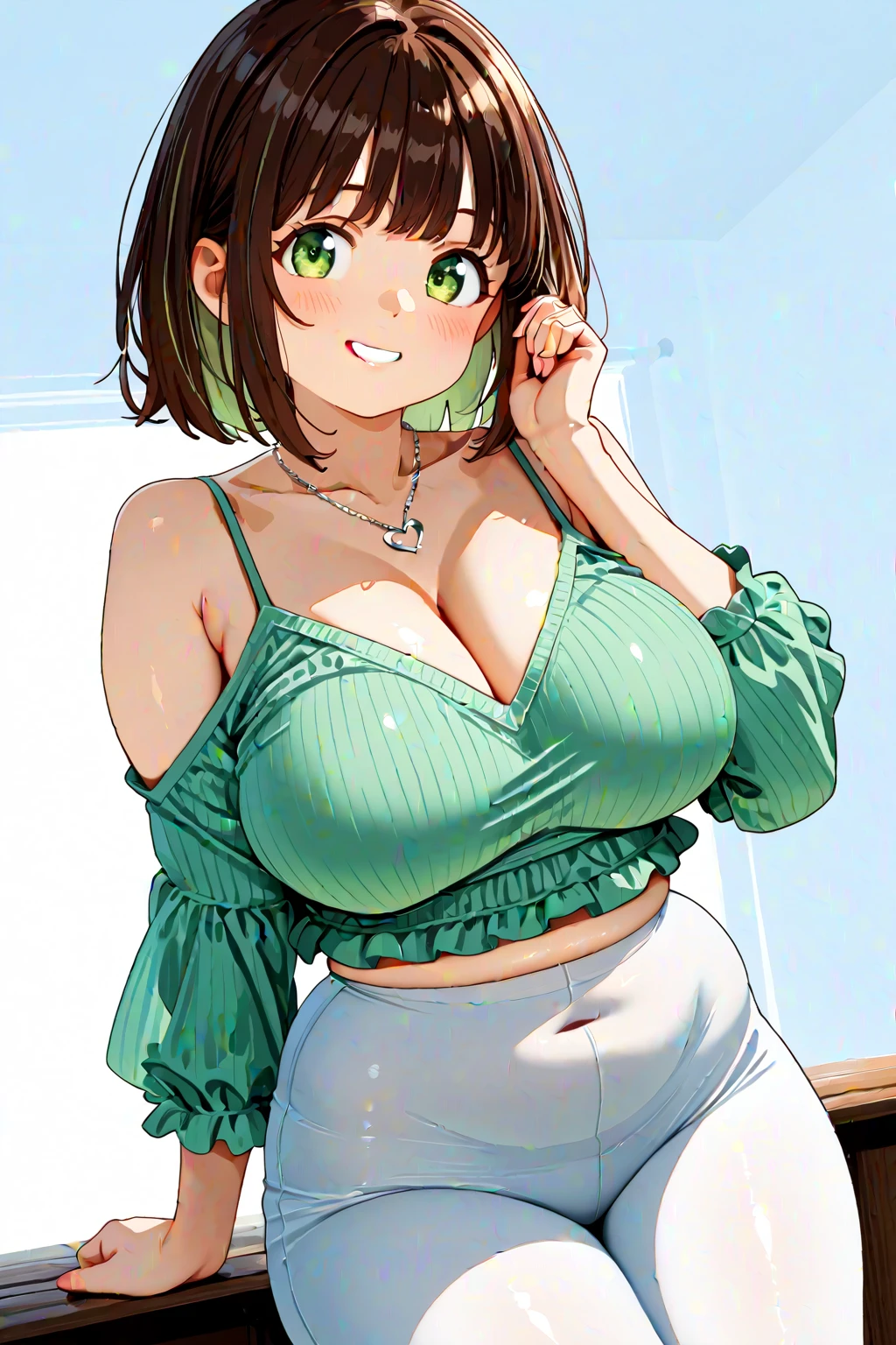 There are many human bodies((Masterpiece, Best quality, A high resolution, hyper HD, Perfect pixels, Depth of field, 4K, RTX, hdr))), 1girll, Single, Solo, Beautiful anime girl, Beautiful Art Style, anime figure, ((Long hair, bangs, Brown hair, Curly hair:0.8)), ((Green eyes:1.4, Rounded eyes, Beautiful eyelashes, Realistic eyes)), ((Detailed face, Blushing:1.2)), ((Smooth texture:0.75, Realistic texture:0.65, Photorealistic:1.1, Anime CG style)), huge tit, Dynamic Angle, Perfect body, ((Portrait, angle of view)), ((Black slip skirt with hips)), Smile, trpical garden