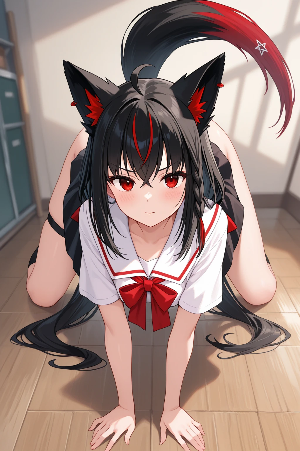 Momo yoayorazu wearing lingerie, showing her breasts and vagina while on all fours wearing a collar with a leash, in addition to having dog ears and an anal plug with a dog tail in his ass, He has eyes like hearts and his tongue sticks out with a perverted smile 