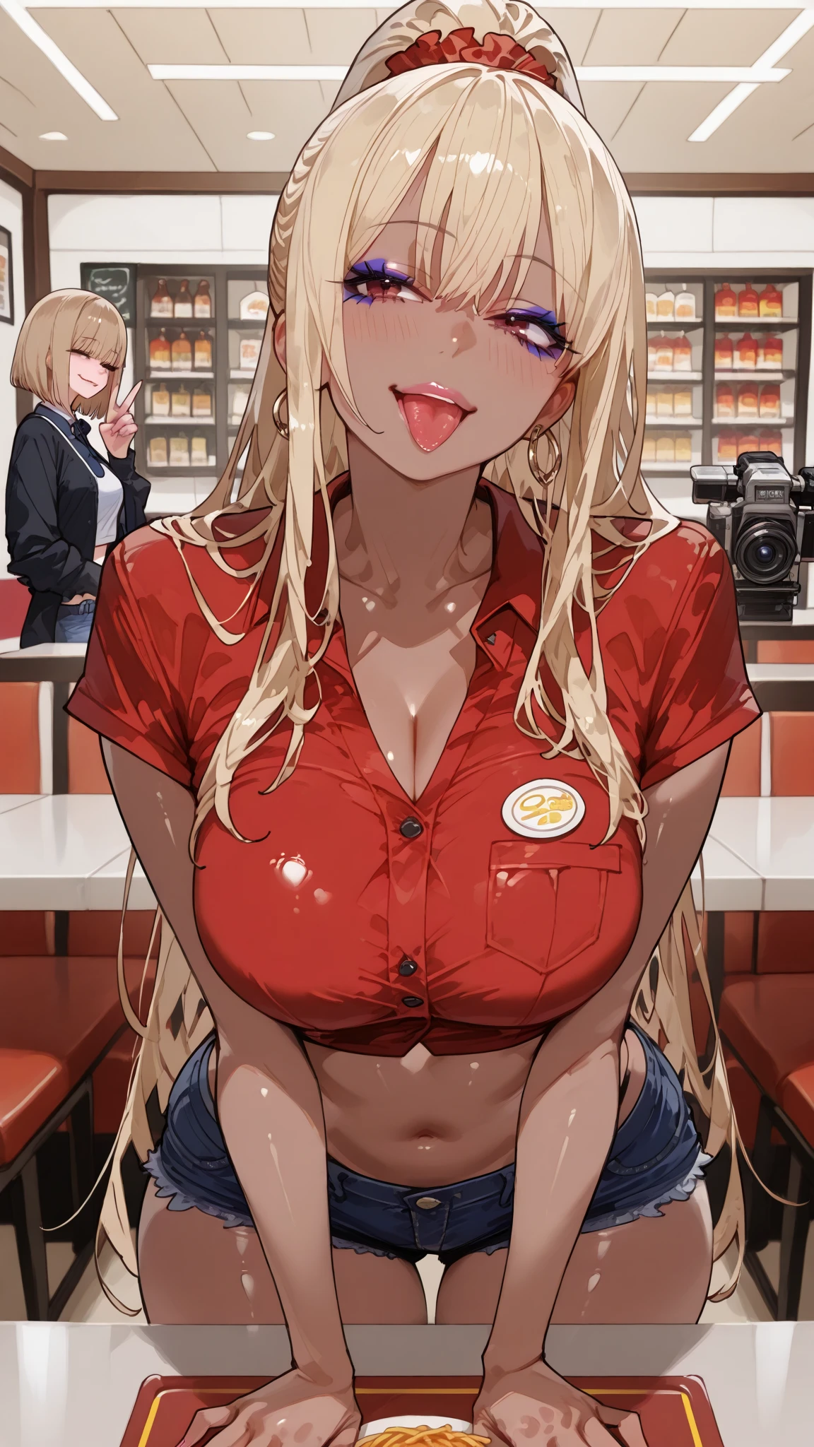blush, glowing aura, natural light, masterpiece, glossy skin, juicy lips , ,sexy, hot, , evil,juicy lips, bimbo, hour glass, blonde hair, wide eyes, green eyes, massive boobs, dark lighting, long hair, pink bow, platform shoes, bow in hair, golden round glasses, sandy blonde hair, bimbo, cute, evil smile, no hair on forehead, no fringe, juicy lips, red shirt, fast food worker, name tag, hat, scarf tie, yellow scarf tie, holding food and drink, holding tray of food, black striped jeans,