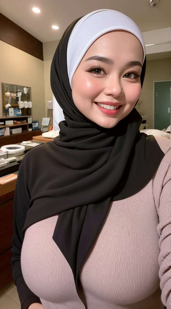 ((HALF BODY PORTRAIT)), SMILE (HIJAB) HIJAB HIJAB HIJAB (("Ustazah Siti Nurbayah")) A Female Bodybuilder, (NAKED RED Hijab) His body is too thin, Naked, naked, naked,His body is too thin, Smile, (Shiny Dark Skin), His body is too thin,  His body is too thin, His body is too thin Oily (Legging flower pattern colour), ((Old Lady :1.3))