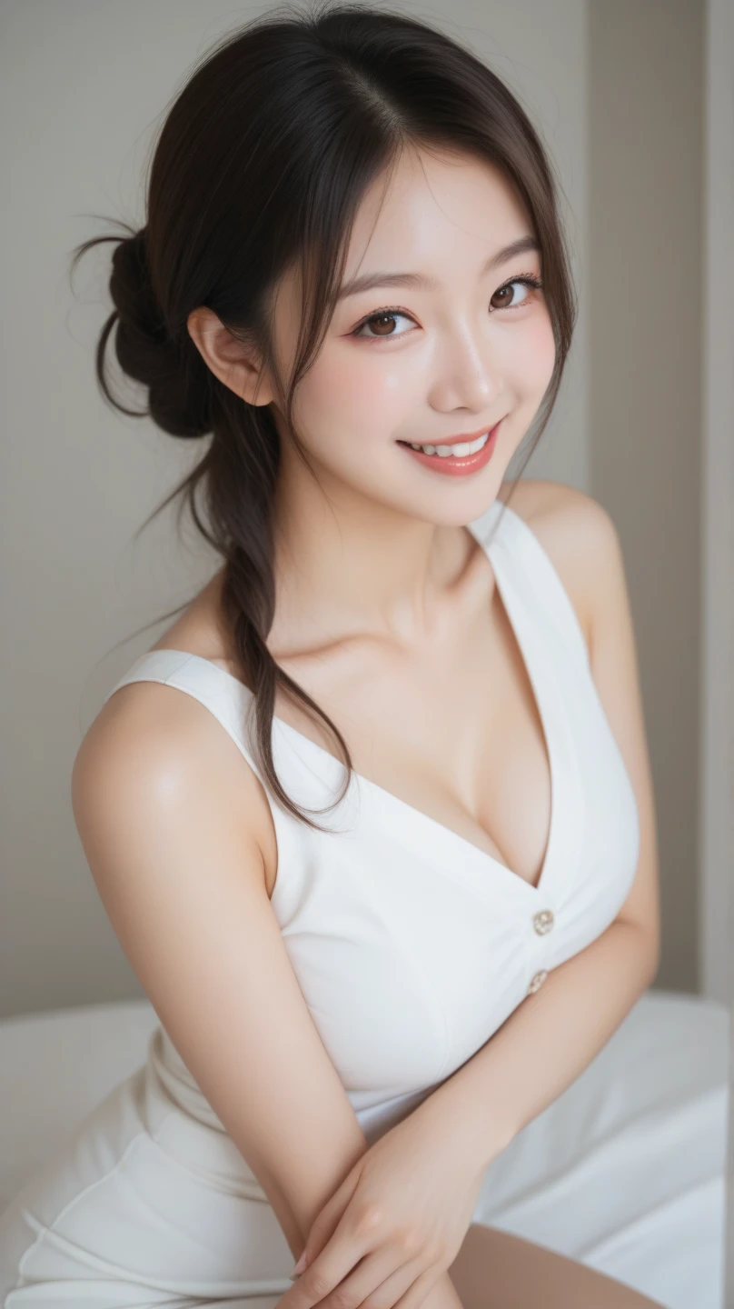 (Highest quality, DSLR, 8k, Highest quality, High resolution, Highest quality, Highest resolution, Very beautiful woman, Perfect anatomy), Light brown eyes, Very light brown eyes, Small diamond-shaped earrings, Looking at the camera, Beautiful brown hair, ((Baby face, loose and cute medium ponytail)), Very short and beautiful bangs with brown hair, E-cup breasts, Not showing the décolletage, Very beautiful 20-year-old, Lip gloss, Smiling very happily, Very cute smile, Upper teeth, Beautiful teeth, (Interior of an elegant mansion (background only), Slightly larger eyes, Small face, Tall supermodel, Beautifully proportioned model, Random cute poses without showing the décolletage in gravure style, Dynamic angle, Eye focus, Head tilt, Very detailed and realistic, Very beautiful 20-year-old, ((Medium Shot)), Sharp jawline, ((Maid outfit)), Deep waistline, Sexy legs, Side view, Smiling very happily, Laughing, Summer daytime
