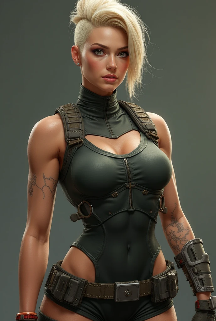 Sonya Blade Mortal Kombat, shiny sexy sweatybeautiful body, wearing jacket and tight latex camo shorts atmosphere of darkness and horror, realism, modular, uhd image, cute eyes, intricate, highly detailed, breathtaking beauty, vibrant, comprehensive cinematic, 8k, cinematic lighting, best quality, highres, Full body portrait three-quarter angle. (((of the highest quality: 1.4))),(unparalleled masterpiece ever), (Ultra high definition),(Ultra realistic 8K CG), (((adult body))), (((1girl in))), ((( Sonya Blade ))), 25-year-old American soldier with perfect body,,Beautiful and well-groomed face,muscular body:1.2,Detailed camouflage jacket, Sonya Blade is standing, (Image from head to thigh),(( White Blonde Bob Shorthair )),, Simon Bisley's urban savage style,Detailed forest background, shiny sweaty Clean abs, Complex equipment, dark green with white stars and gray and white stripes