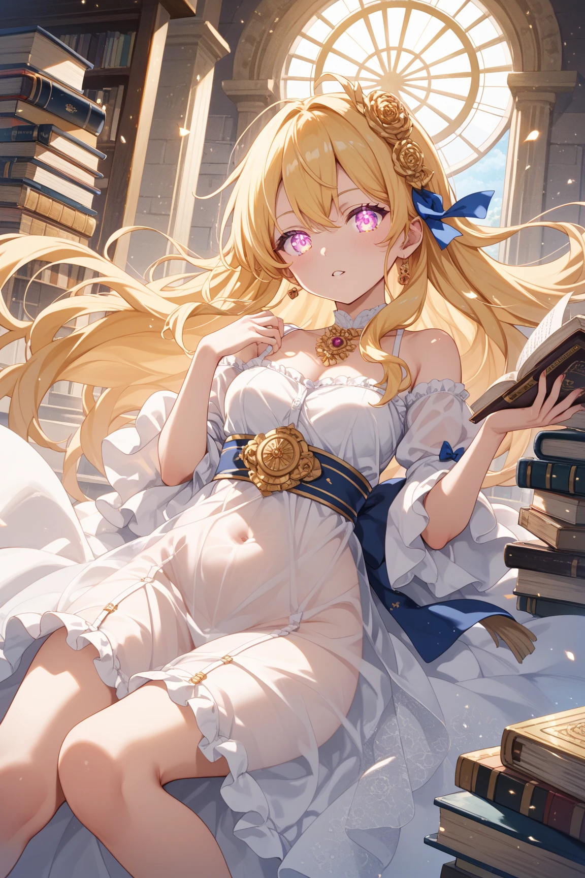 (masterpiece, best quality, absurdres, keyvisual, caustics, cinematic lighting, dynamic composition), books, bedroom scenery, bed, full body, nightie, looking at viewer, ((girl blonde))