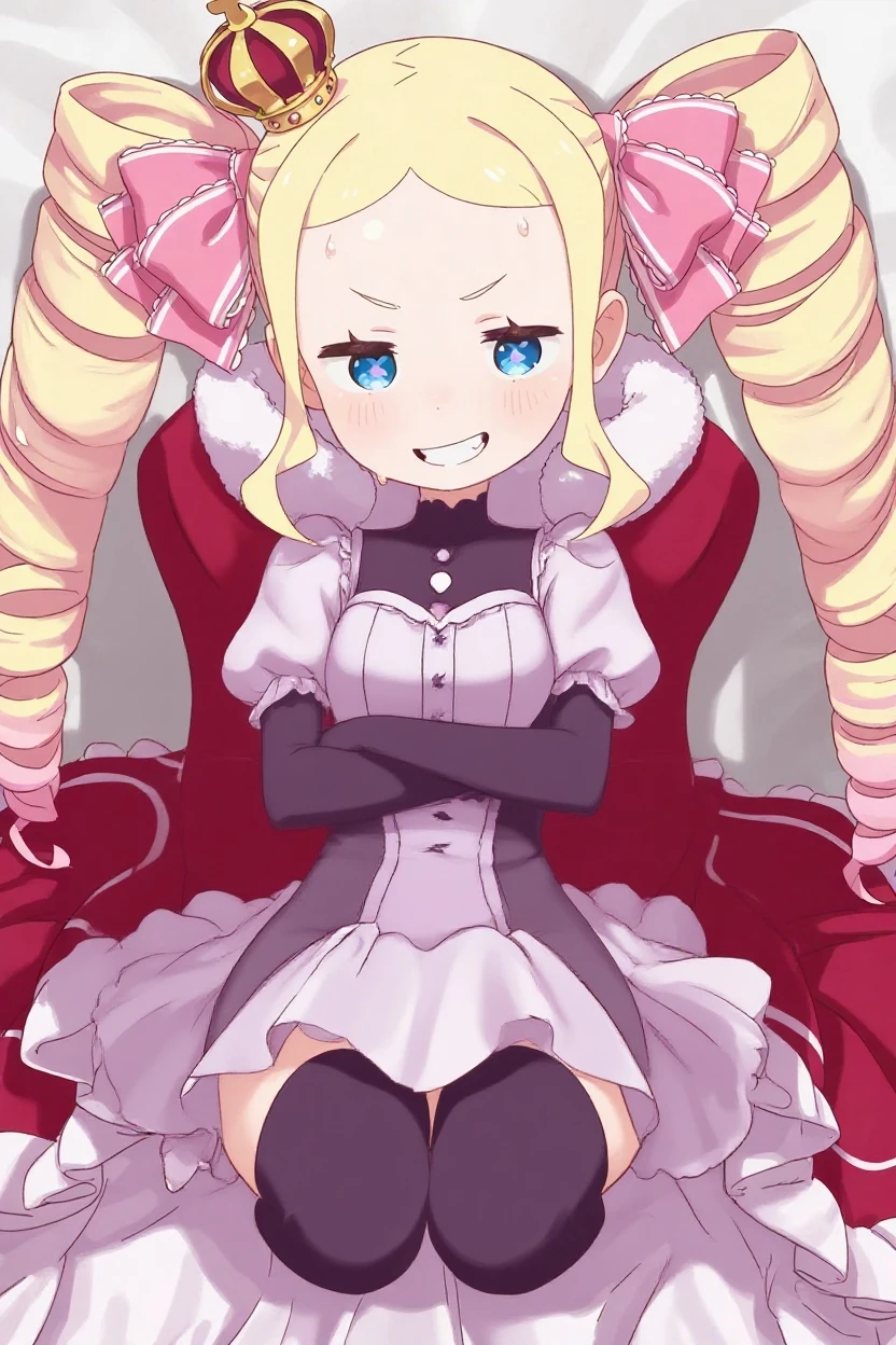 score_9, score_8_up, score_7_up, source_anime, masterpiece,1girl, beatricezero, red capelet, red dress, fur trim, frills, frilled dress, frilled sleeves, pom pom \(clothes\), neck ribbon, striped pantyhose, symbol-shaped pupils, looking at viewer, footjob, cum on feet, penis in between toes, foot focus, close up view of footjob