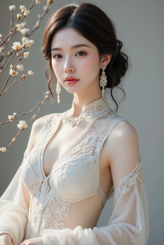 Masterpiece,(best qualtiy),highly  detailed,Ultra-detailed,Lady,Celebrity:Xiao Yu,(Hanfu:1.1),(Elegant temperament:1.2),(Bigboobs:1.3),(Semi-Dressed),(softlighting),(high high quality:1.4),(Detailed),(k hd),(Earrings),(Hairpin),(Exquisite),(Masterpiece)，16k，The upper part of the body