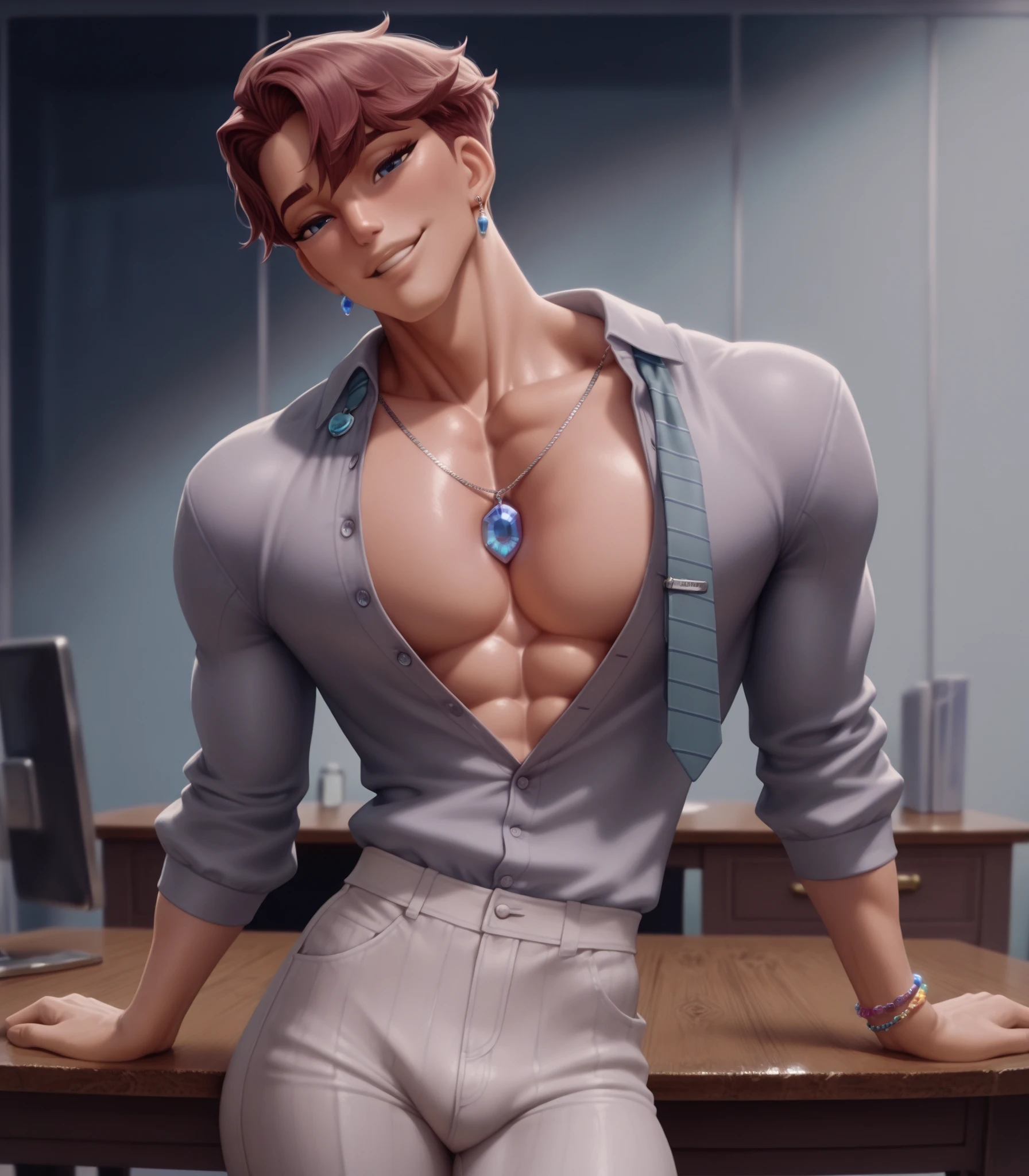 (masterpiece, best quality),  2 boy, young man，Shyness blush，musculous, short blue purple and pink-orange hair, Dark gray eyes, complex, (dress room), full bodyesbian, White baseball uniform, Open light purple jacket, Pectoralis abdominal muscles，vivd colour,(depth of fields:1.2),(abs),Be red in the face，l huge bulge ooking at viewert，A piano，spread their legs，giant, fills the room ,  extremely tall, extremely muscular, extremely huge bulge , hyper muscular, superhuman,