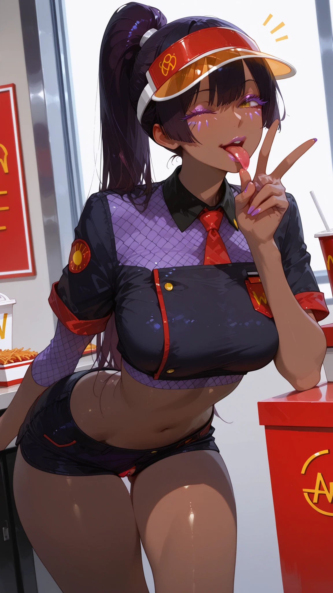 Two dimensions,girl,small breasts,maid,salesperson,hot dog shop,naked pussy tits naked nipples pussy juice,black hair,ponytail,Man Juice Man Juice,smile,Kneeling,spread legs,Holding a sign