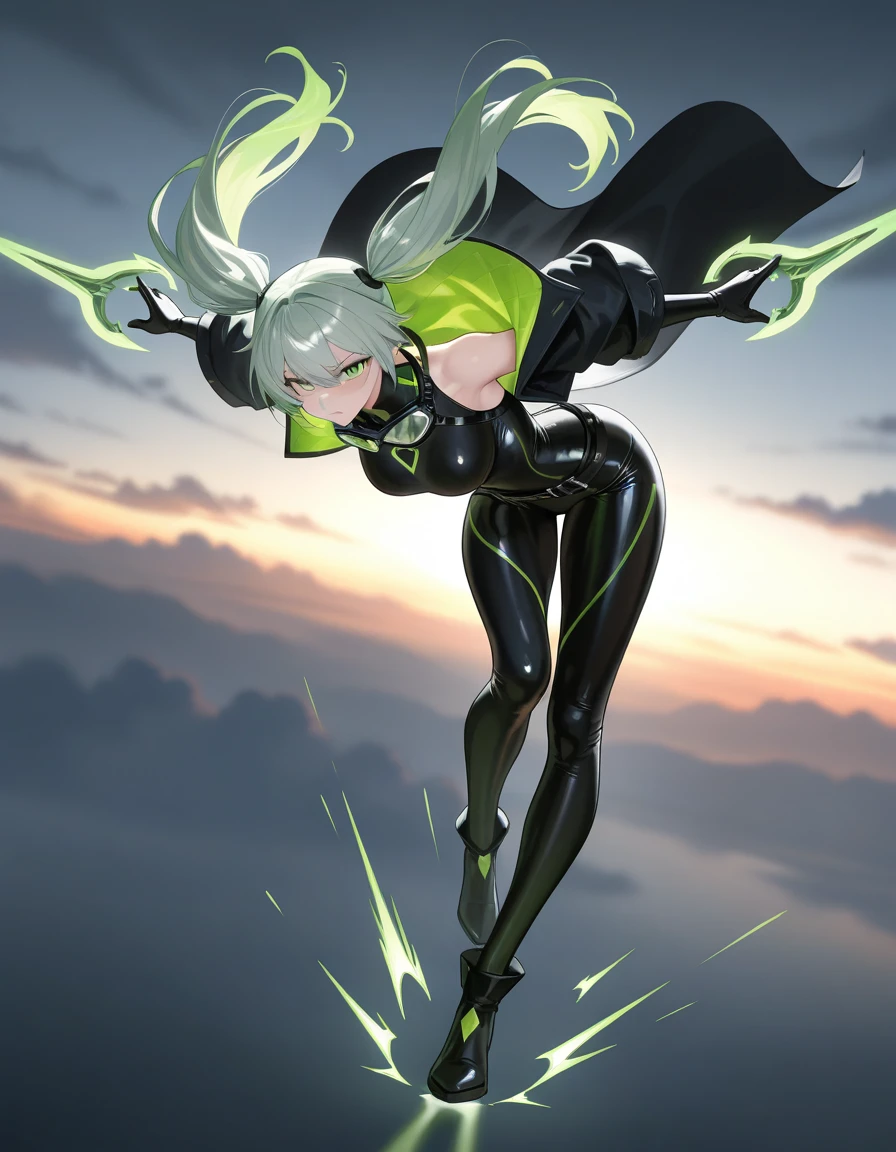 (Master piece, absurdres, best high quality image, high fantasy genre, carefully detailed textures, very detailed image and background)
{{(1character: 27 years old silver hair henchgirl: (tanned skin, yellow eyes, long silver hair tied in a braid, beautiful face, beautiful voluptuous figure, beautiful legs, beautiful arms, big breasts, beautiful hips), (agressive demeanor, serious expression, kung fu combat pose), (green and black leotard, green wristbands, black heeled shoes), (military training room))}}