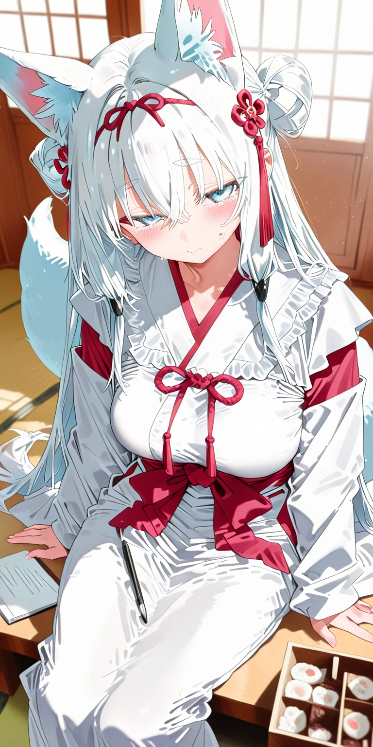one girl, Shirakami Fubuki, fox ears, white hair, yukata, cute, beautiful, my girlfriend, lying on futon, be ready for sex, love me, heart marks, upperbody focus, shy, medium breasts
